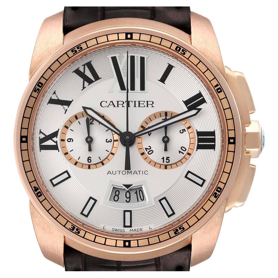 Cartier Calibre Silver Dial Rose Gold Chronograph Mens Watch W7100044 For Sale