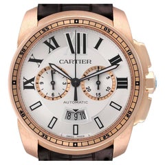 Cartier Calibre Silver Dial Rose Gold Chronograph Mens Watch W7100044