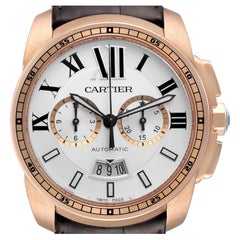 Cartier Calibre Silver Dial Rose Gold Chronograph Mens Watch W7100044
