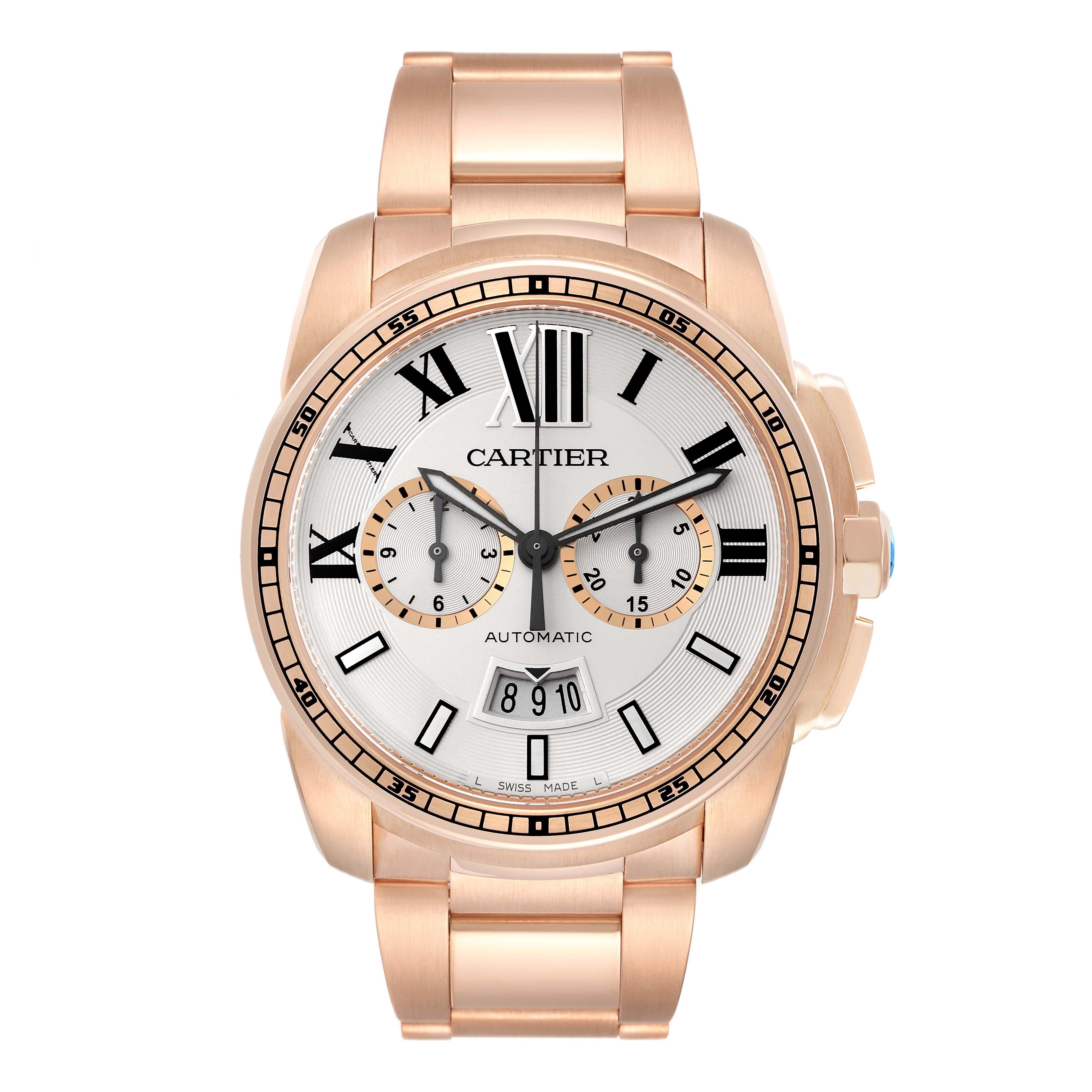 Cartier Calibre Silver Dial Rose Gold Chronograph Mens Watch W7100047 Papers. Automatic self-winding chronograph movement. 18K rose gold round case 42 mm in diameter. Case thickness: 12.6 mm. 18K rose gold crown set with faceted blue sapphire.