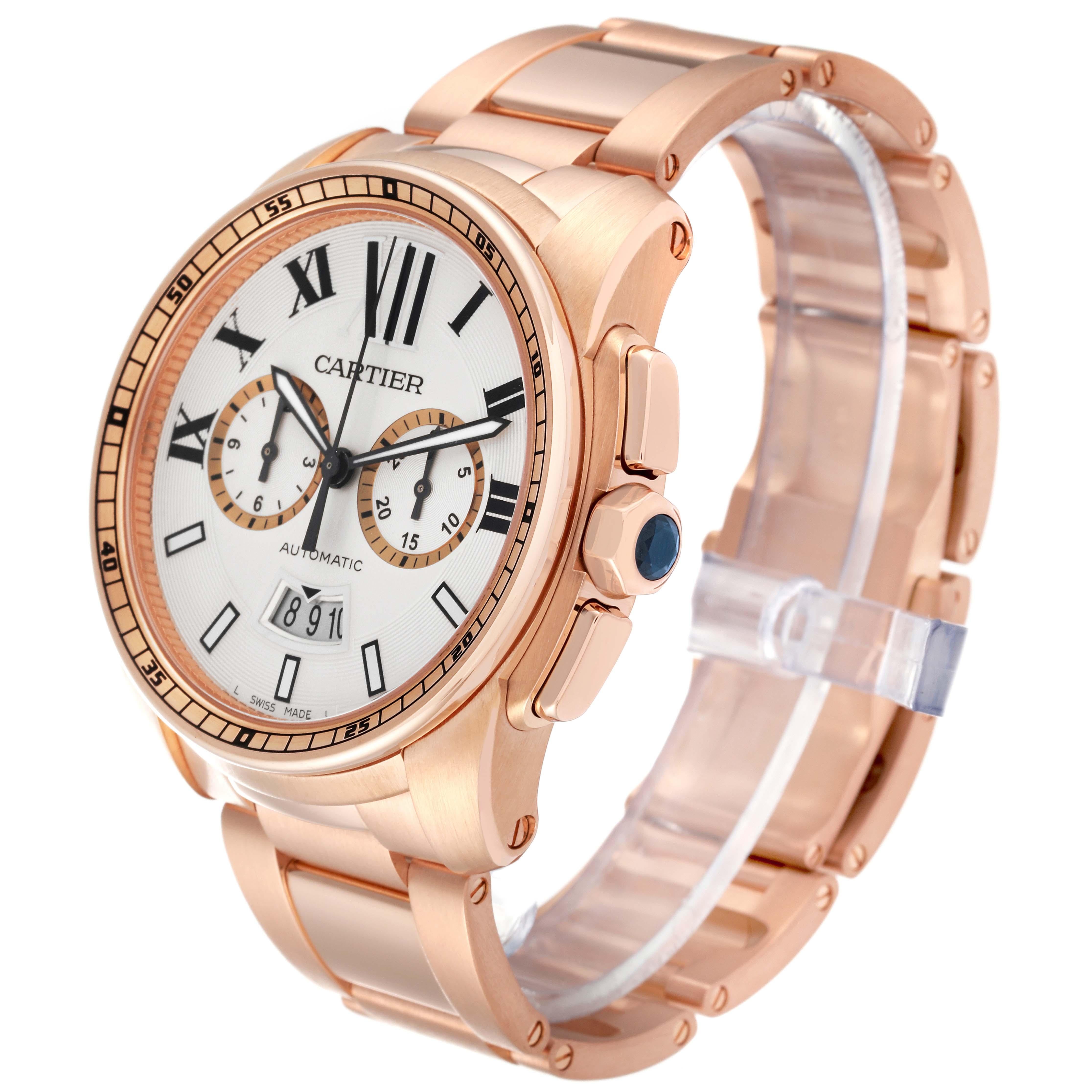 Men's Cartier Calibre Silver Dial Rose Gold Chronograph Mens Watch W7100047 Papers