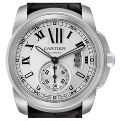 Cartier Calibre Silver Dial Stainless Steel Mens Watch W7100037 Box Papers
