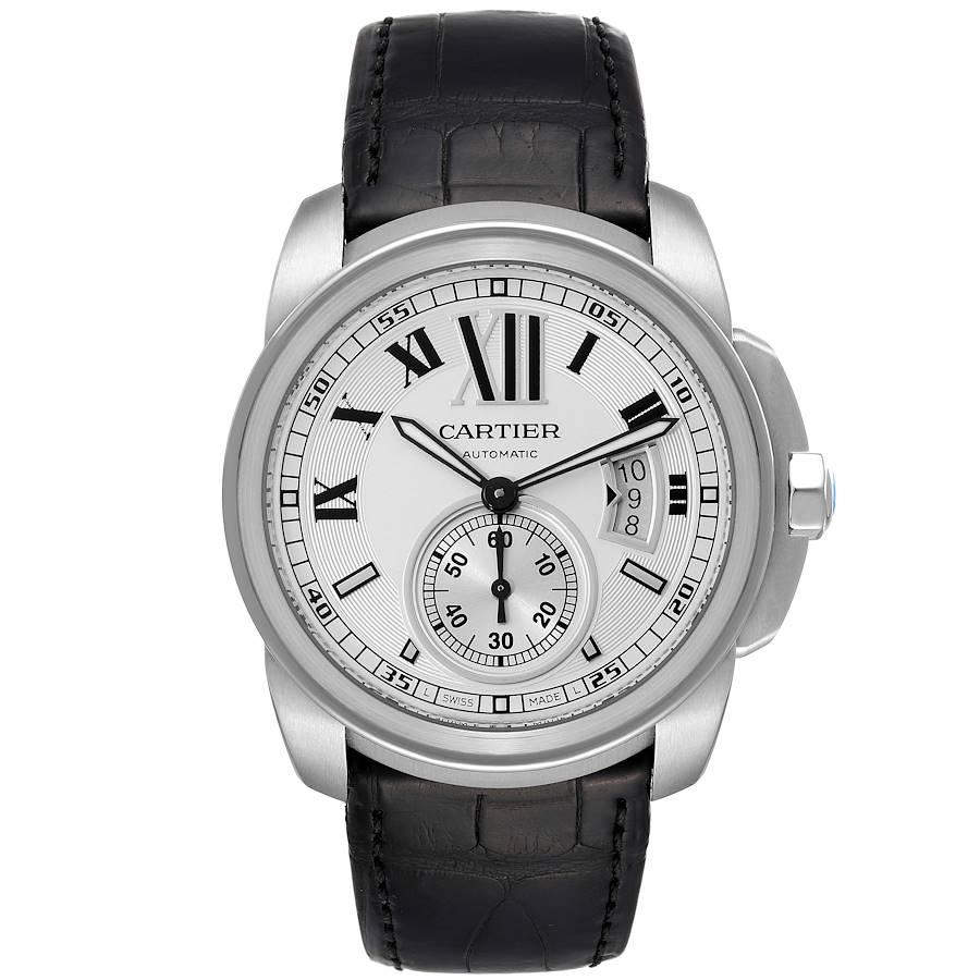 Cartier Calibre Silver Dial Stainless Steel Mens Watch W7100037. Automatic self-winding movement. Stainless steel round case 42.0 mm in diameter. Crown set with faceted blue spinel. Exhibition sapphire crystal case back. Stainless steel bezel.