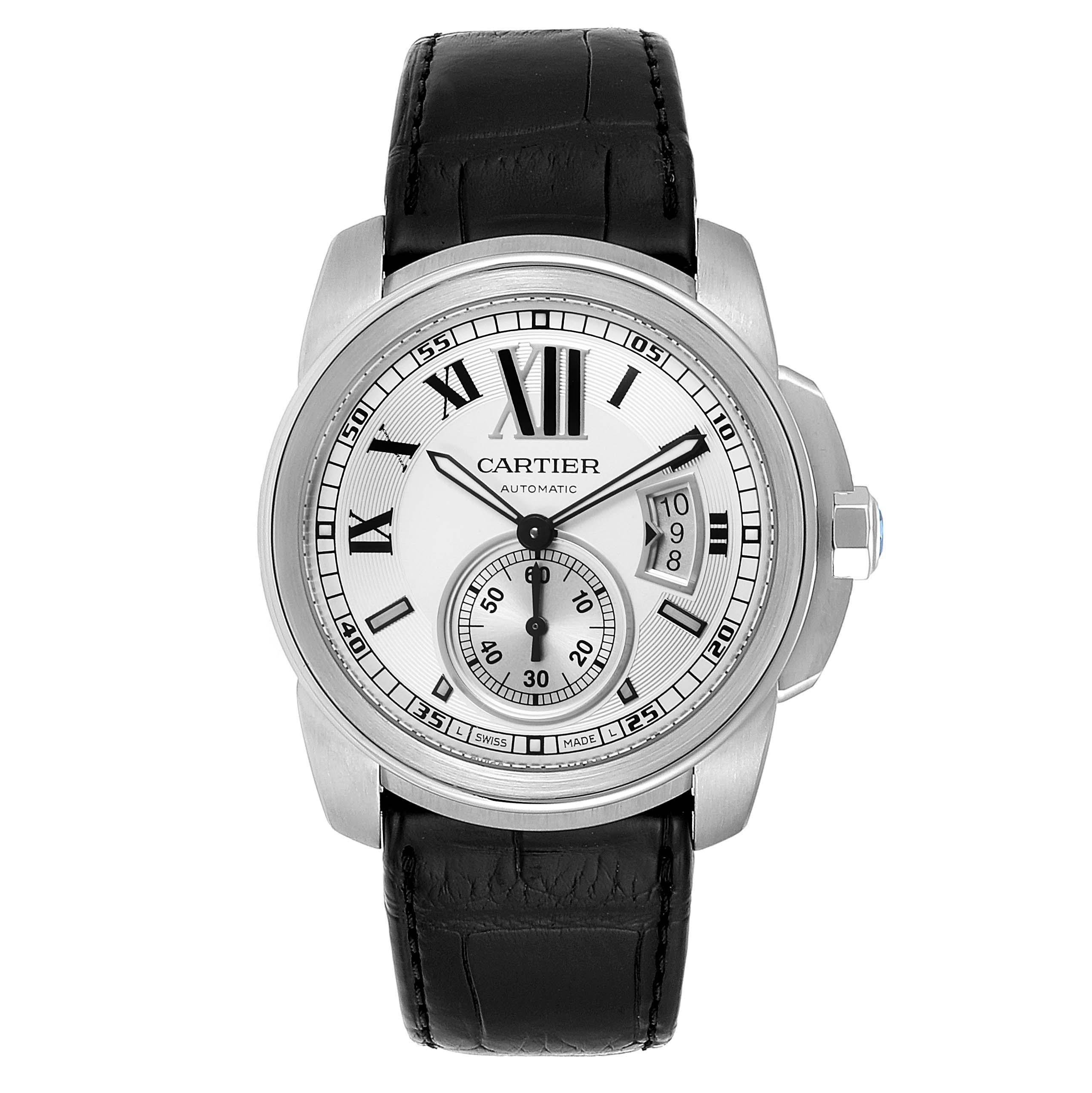 Cartier Calibre Silver Dial Steel Mens Watch W7100037 Box. Automatic self-winding movement. Stainless steel round case 42.0 mm in diameter. Crown cover with faceted blue spinel. Exhibition saphire crystal case back. Stainless steel bezel. Scratch