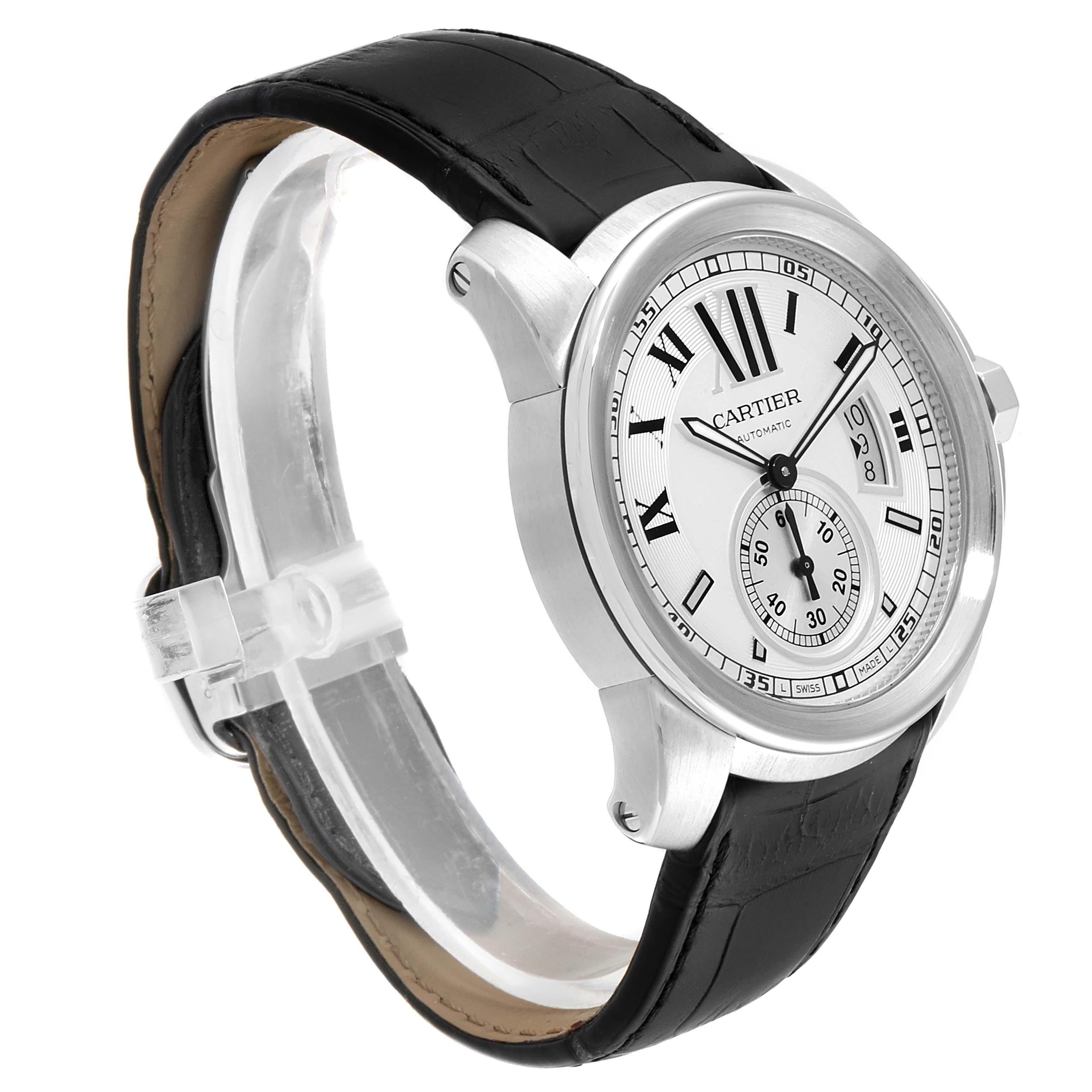 Men's Cartier Calibre Silver Dial Steel Men’s Watch W7100037 Box For Sale