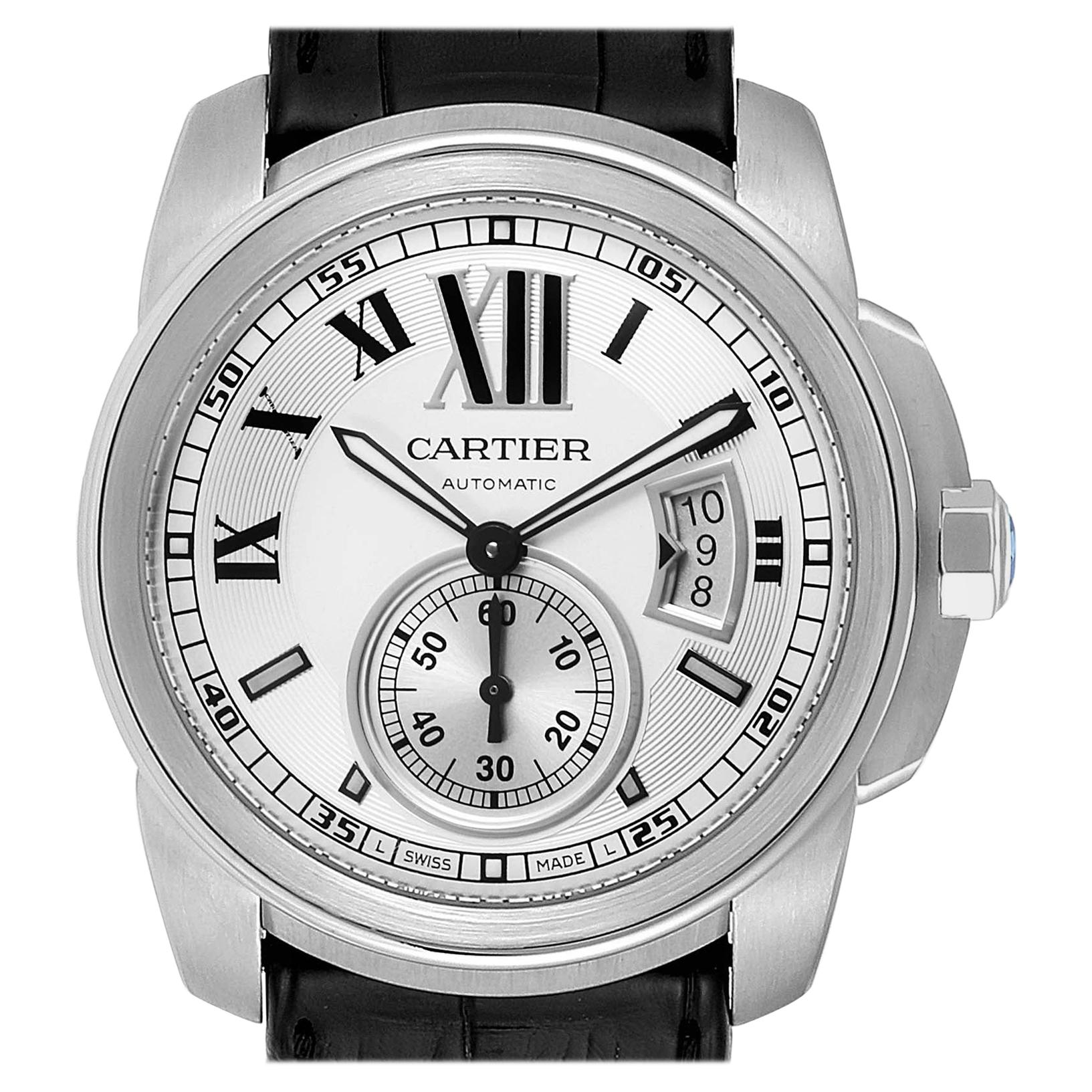 Cartier Calibre Silver Dial Steel Men’s Watch W7100037 Box For Sale