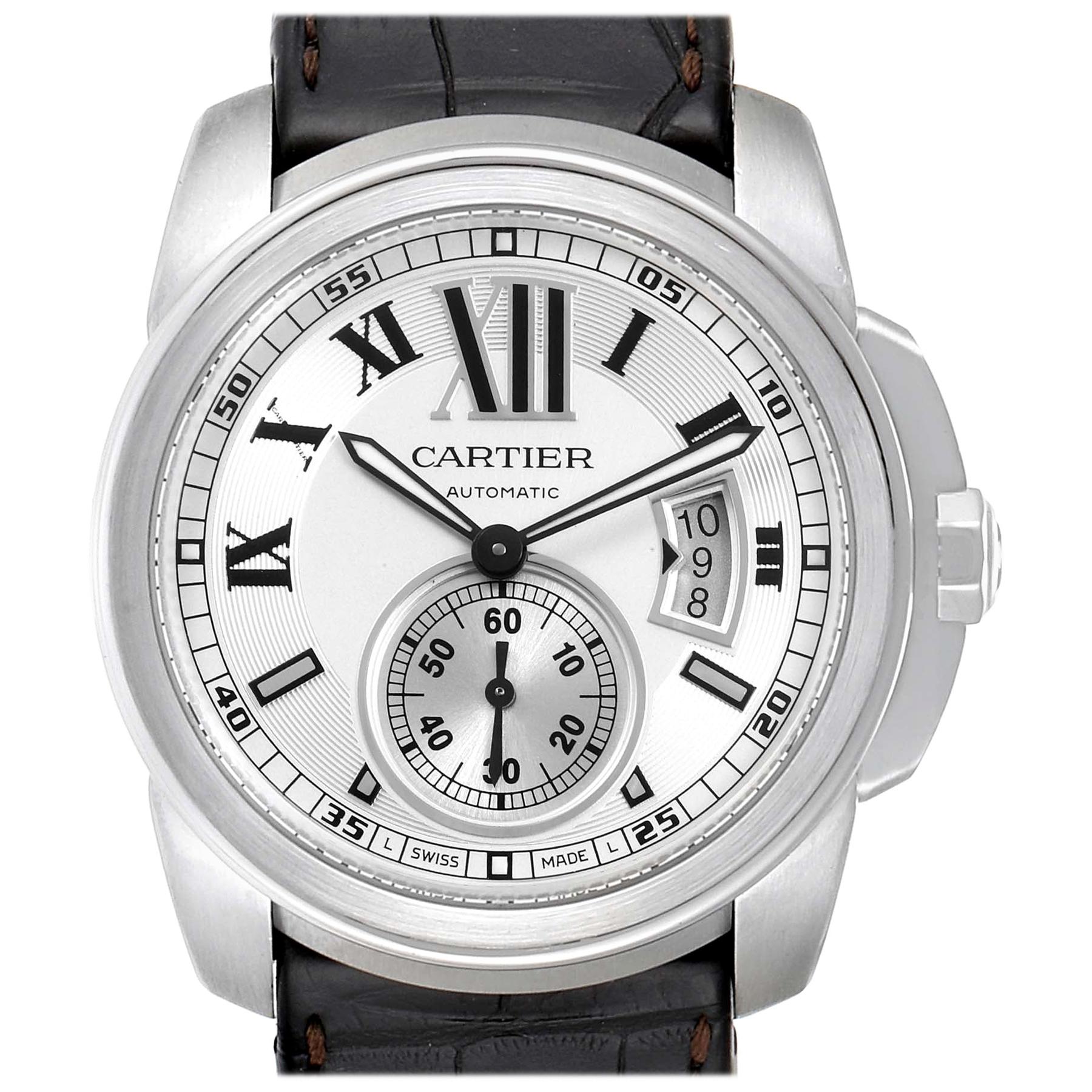 Cartier Calibre Silver Dial Steel Men's Watch W7100037 Box Papers
