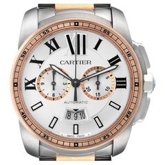 Cartier Calibre Silver Dial Steel Rose Gold Mens Watch W7100042 Box Papers