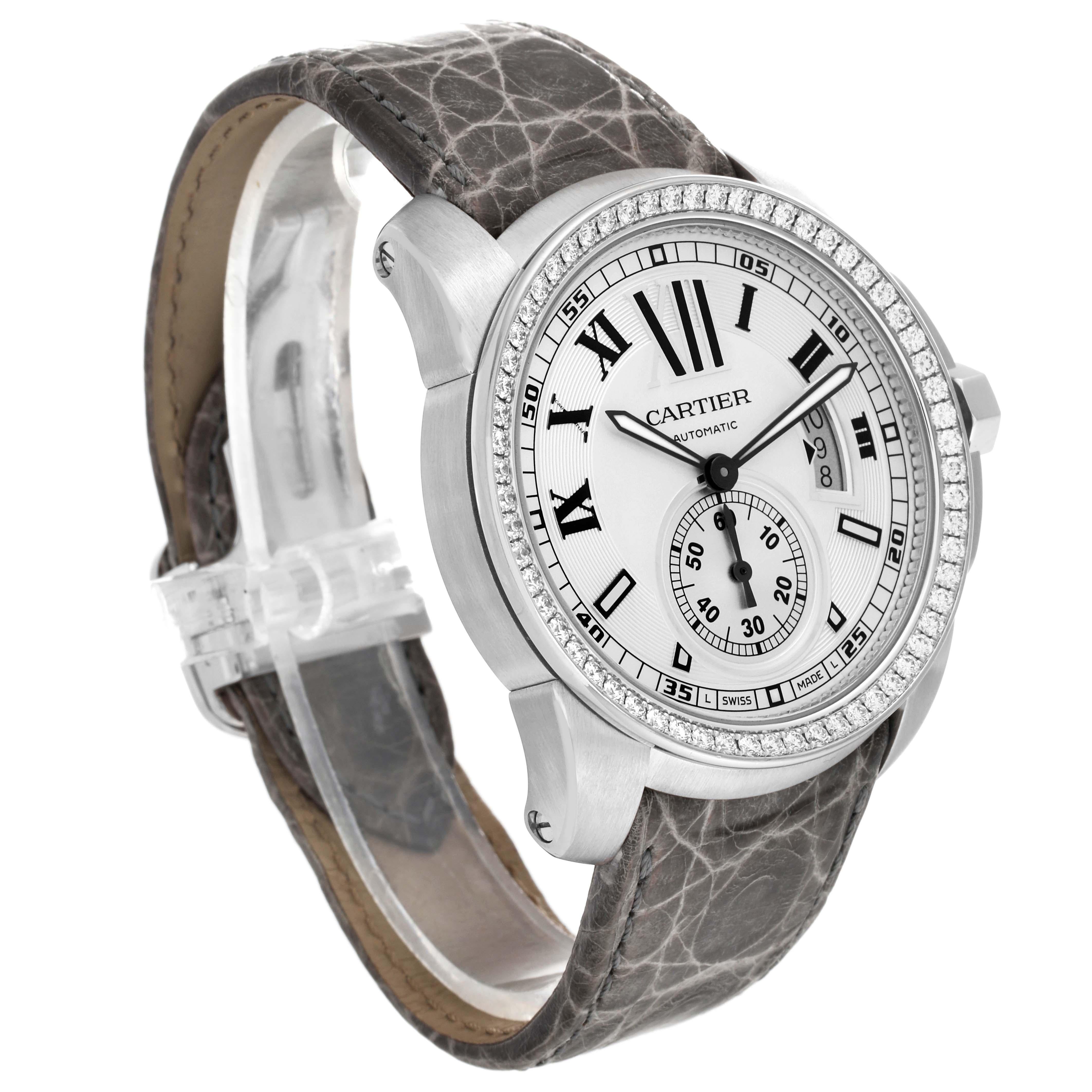 Cartier Calibre Silver Dial White Gold Diamond Mens Watch WF100003 In Excellent Condition For Sale In Atlanta, GA