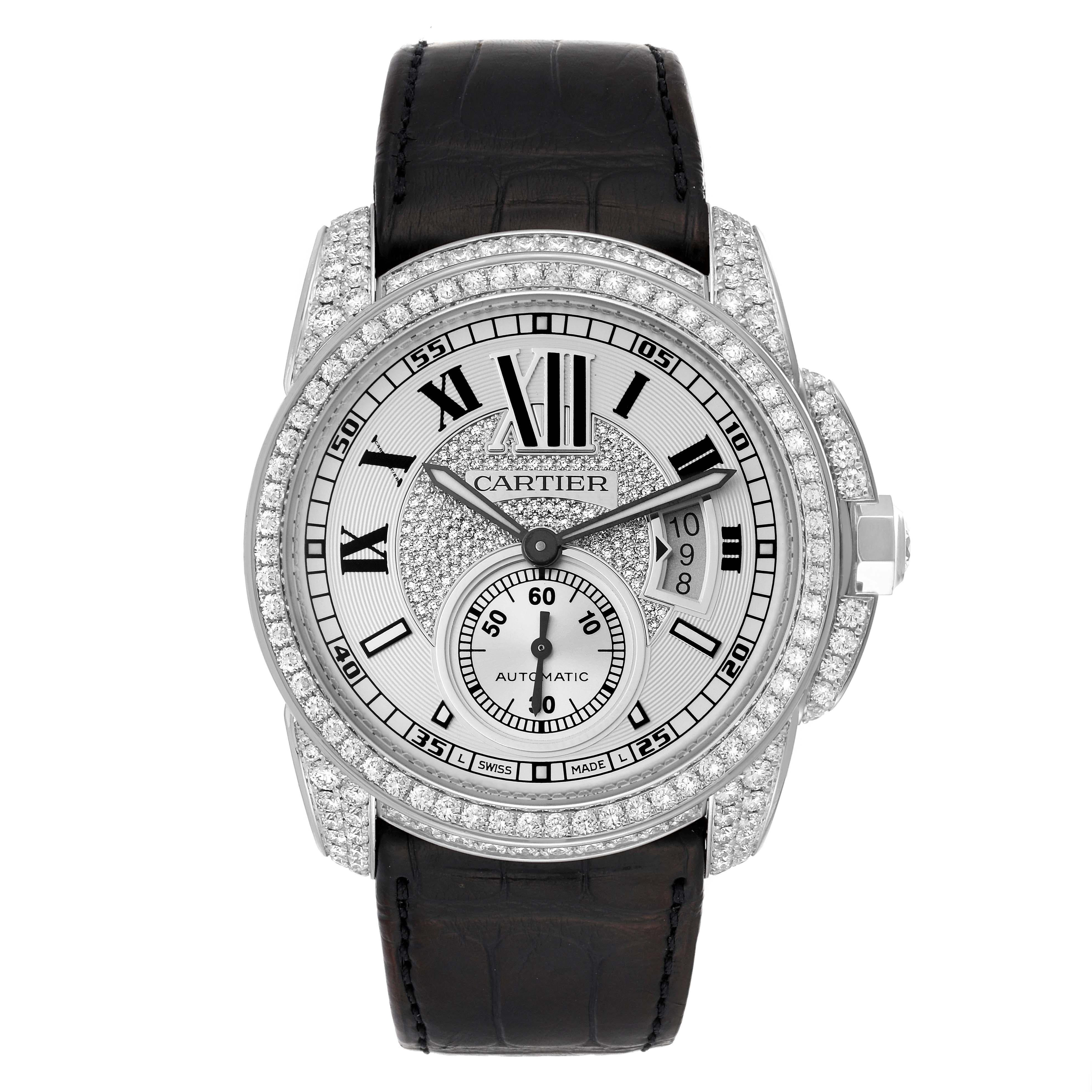 Cartier Calibre Silver Dial White Gold Diamond Mens Watch WF100007 Box Papers. Automatic self-winding movement. 18k white gold case 42.0 mm in diameter. 18K white gold crown set with an original Cartier factory diamond. Original Cartier factory