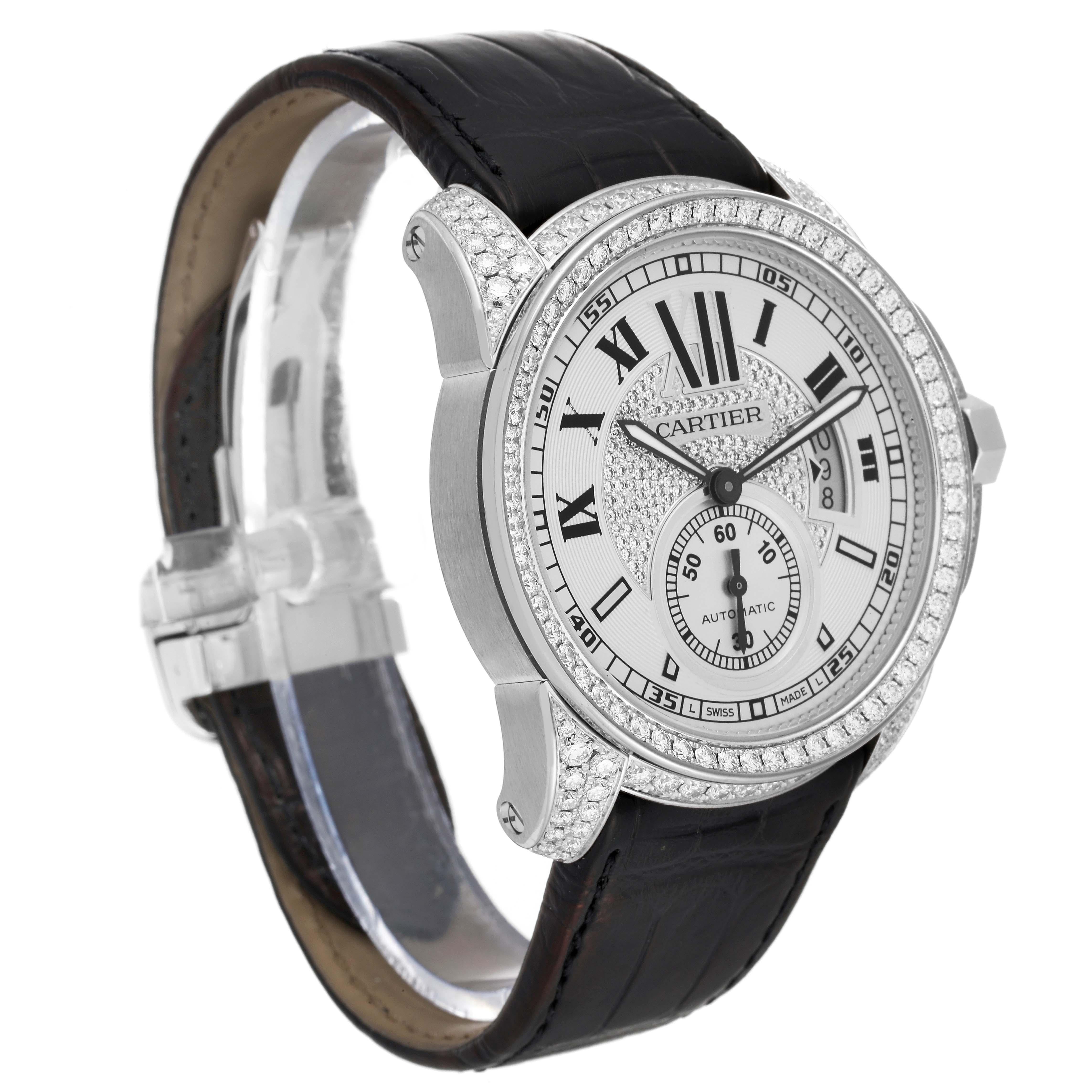 Cartier Calibre Silver Dial White Gold Diamond Mens Watch WF100007 Box Papers In Excellent Condition In Atlanta, GA