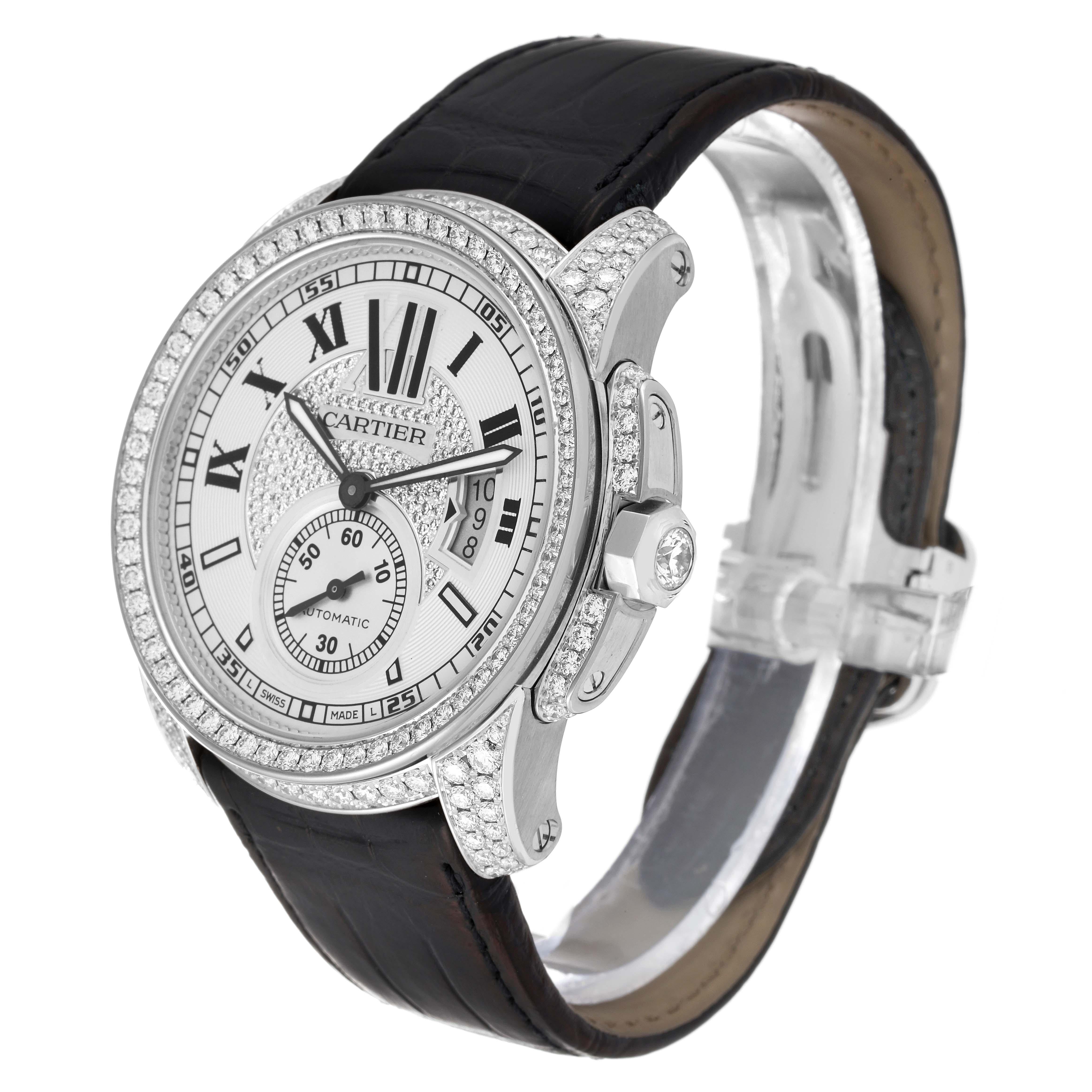 Men's Cartier Calibre Silver Dial White Gold Diamond Mens Watch WF100007 Box Papers