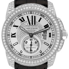 Cartier Calibre Silver Dial White Gold Diamond Mens Watch WF100007 Box Papers