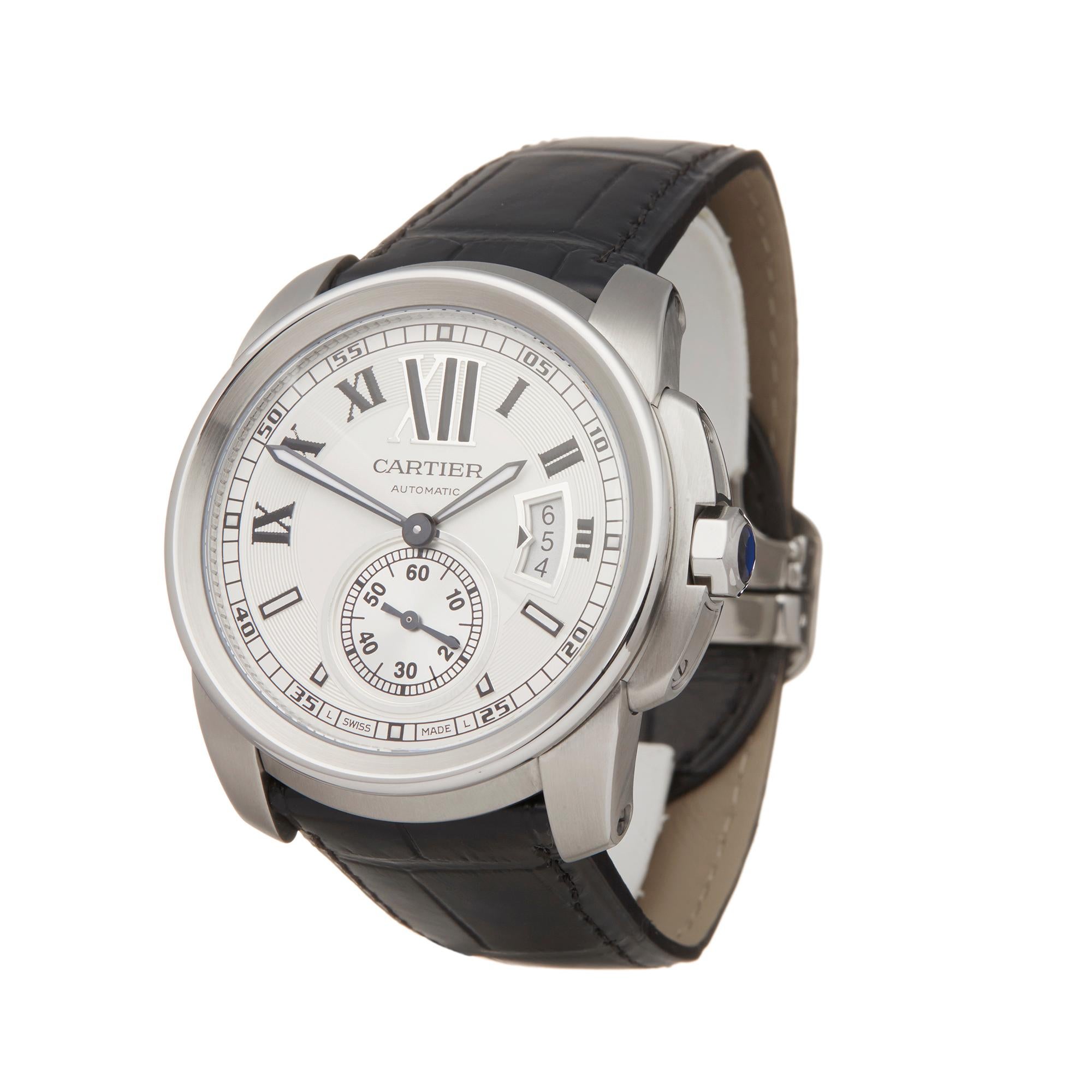 Reference: W5810
Manufacturer: Cartier
Model: Calibre
Model Reference: W7100013 or 3299
Age: 5th May 2010
Gender: Men's
Box and Papers: Box Manuals and Guarantee
Dial: Silver Roman
Glass: Sapphire Crystal
Movement: Automatic
Water Resistance: To