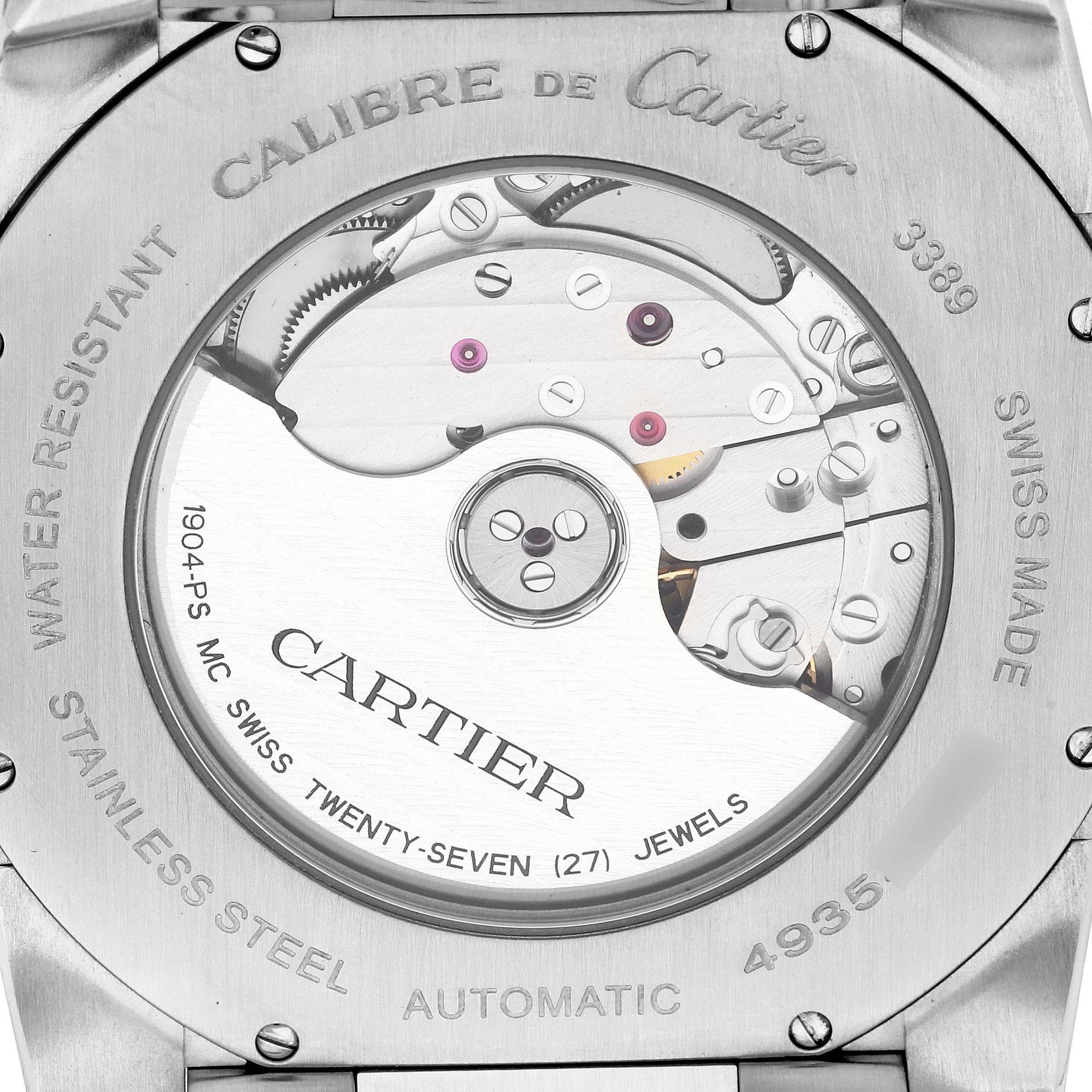 Cartier Calibre Steel Black Dial Mens Watch W7100016 Box Papers. Automatic self-winding movement. Stainless steel case 42.0 mm in diameter. Crown cover with faceted blue spinel. Transparent exhibition sapphire crystal caseback. High polished