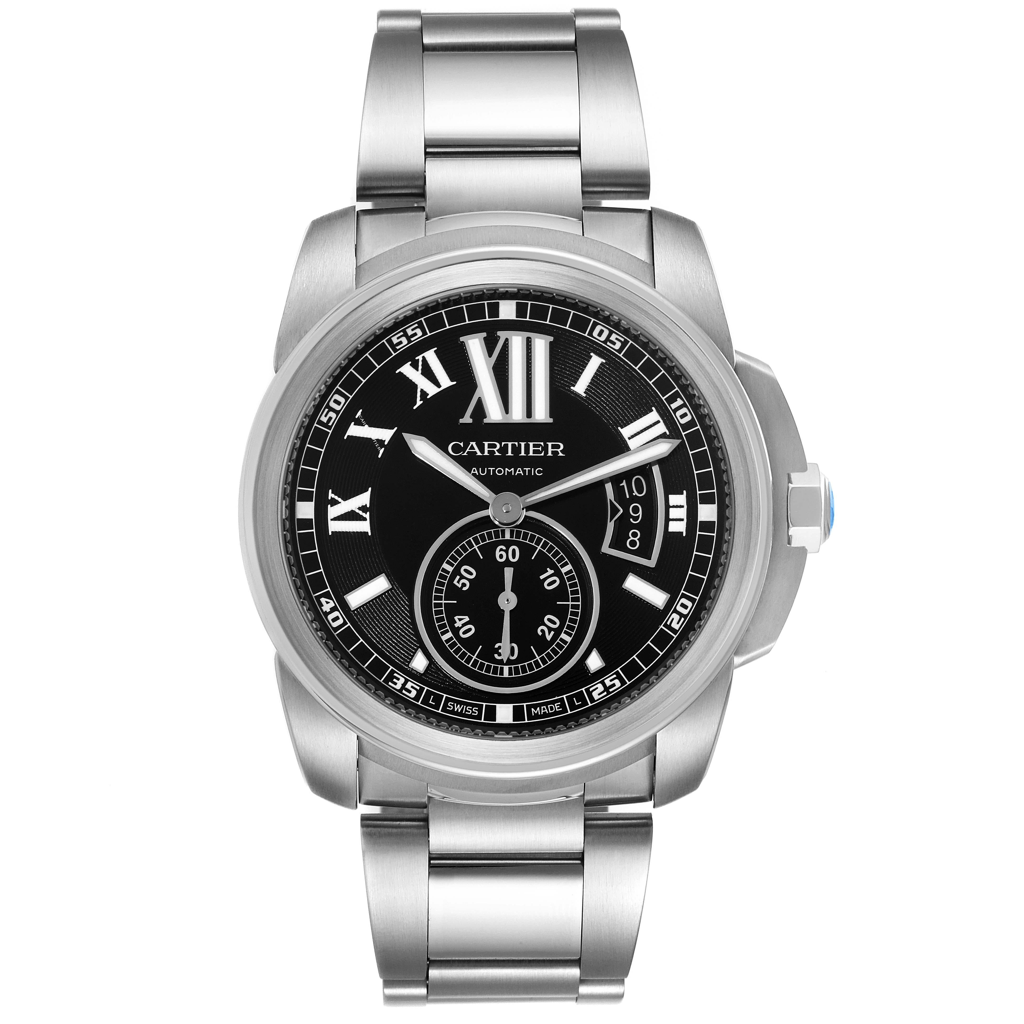 Cartier Calibre Steel Black Dial Mens Watch W7100016 In Excellent Condition For Sale In Atlanta, GA