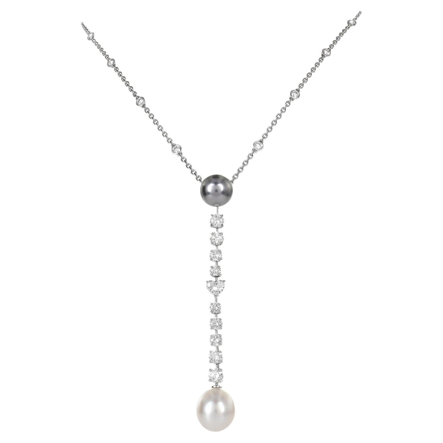 Cartier Calin Collection Heart Diamond Tahitian South Sea Pearl Lariat Drop Gold For Sale