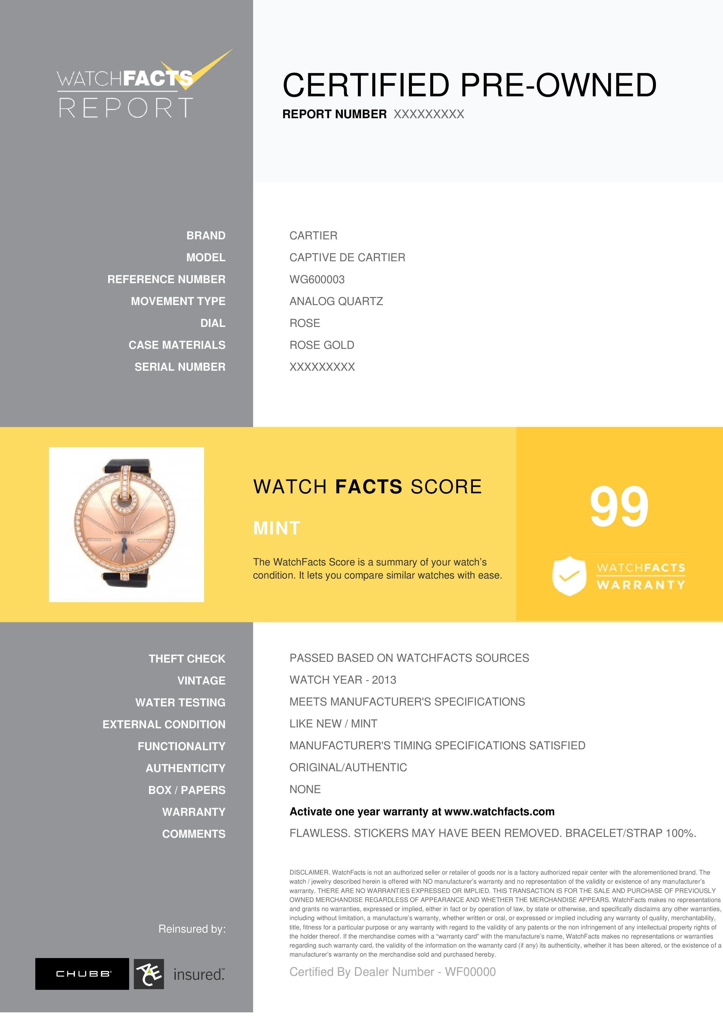 Cartier Captive de Cartier Reference #: WG600003. Womens Analog Quartz Watch Rose Gold Rose 50 MM. Verified and Certified by WatchFacts. 1 year warranty offered by WatchFacts.
