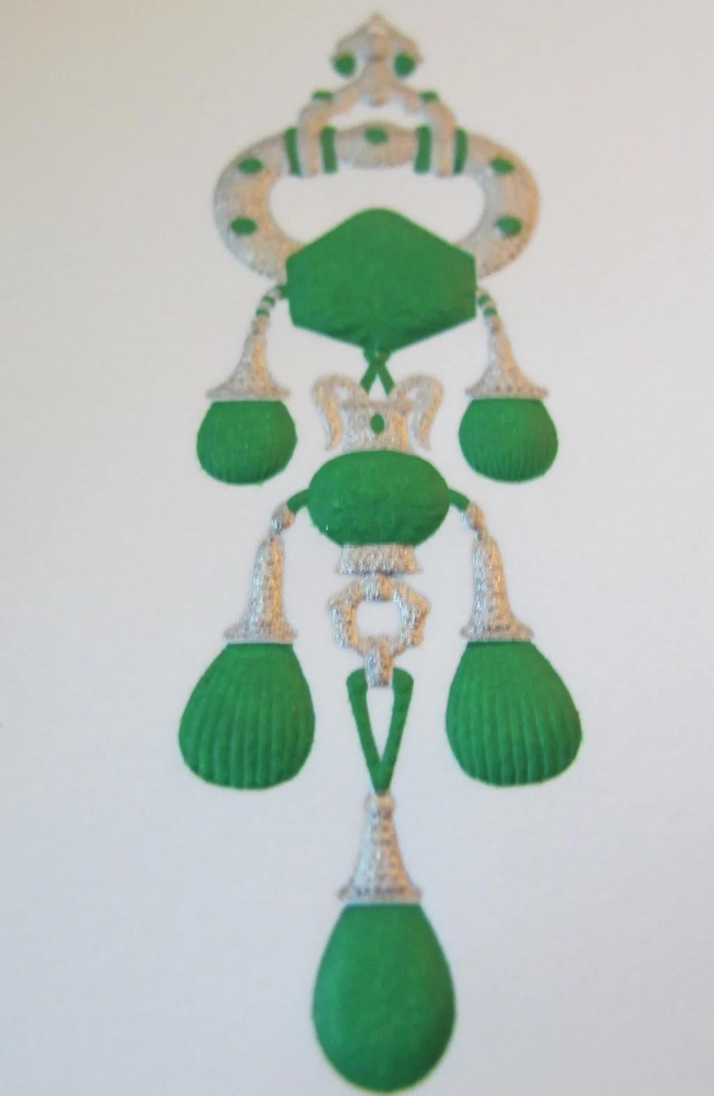 Cartier Karte und Umschlag Briefpapier Set Mughal Majorie Merriweather Emerald Brooch Design.
Luxusbriefpapier Cartier Karten und Umschläge mit einem Cartier Design der Majorie Merriweather Post's Jewelry Emerald Gem Brooch. Briefpapier,
