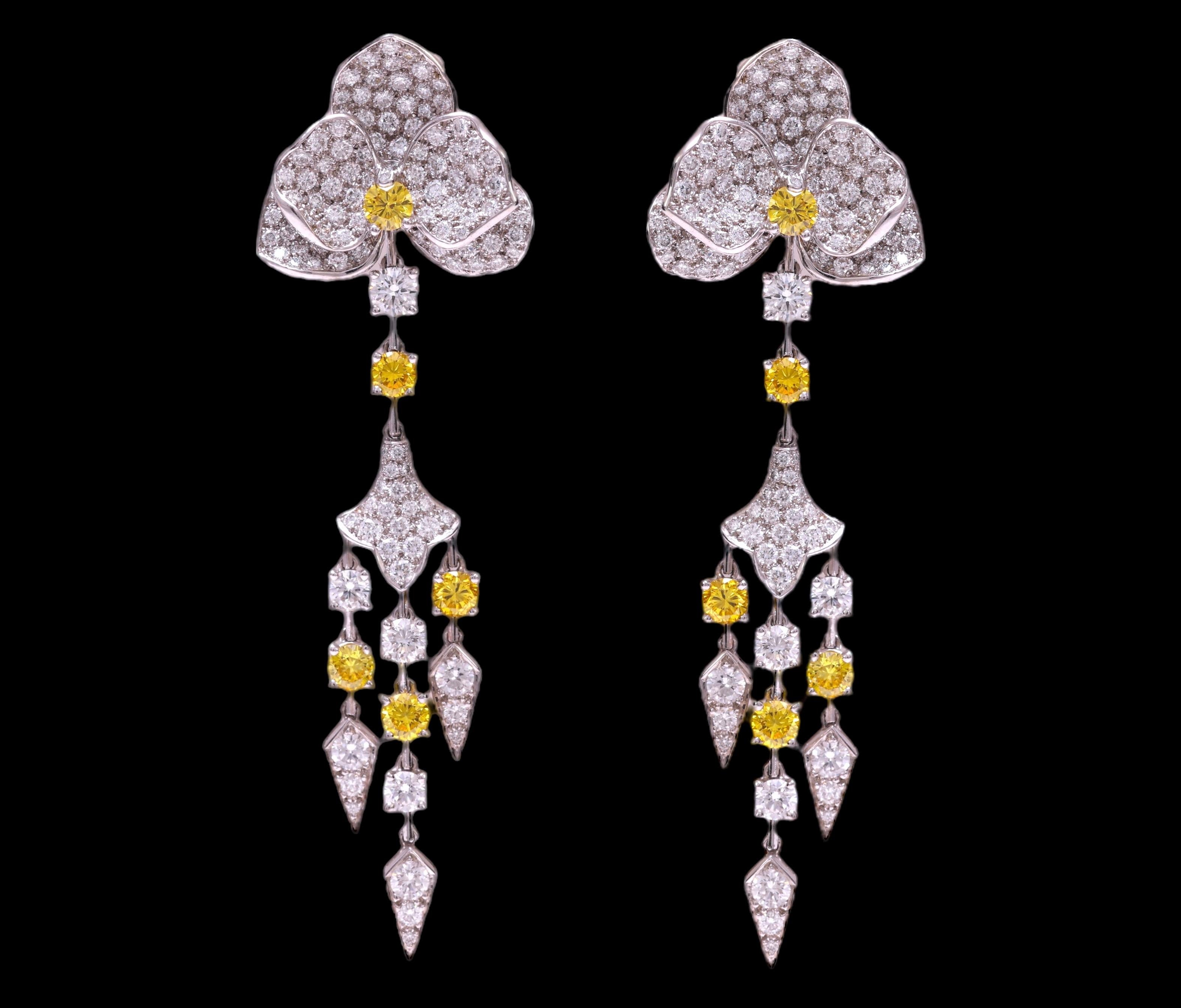 Cartier Caresse D'orchidee Platin-Ohrringe & Halskette  Gelbe und weiße Diamanten (Briolette)