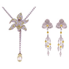 Cartier Caresse D'orchidee Platinum Earrings & Necklace  Yellow & White Diamonds