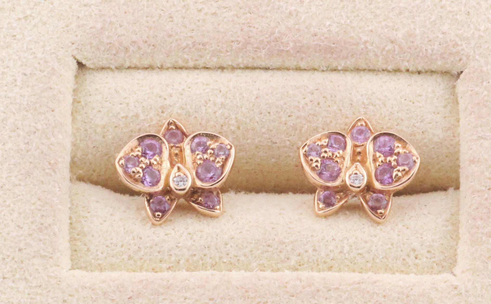 Taglio rotondo Orecchini Cartier Caresse d'Orchidees con diamanti e zaffiri rosa in oro rosa 18 carati in vendita