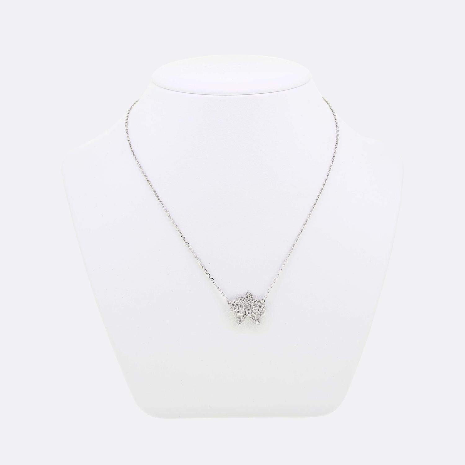 Here we have a stunning necklace from the world renowned jewellery house of Cartier. This is the Caresse d'Orchidées par Cartier necklaces showcases a butterfly-like motif pendant which has been pavé with a vast array of round brilliant cut diamonds