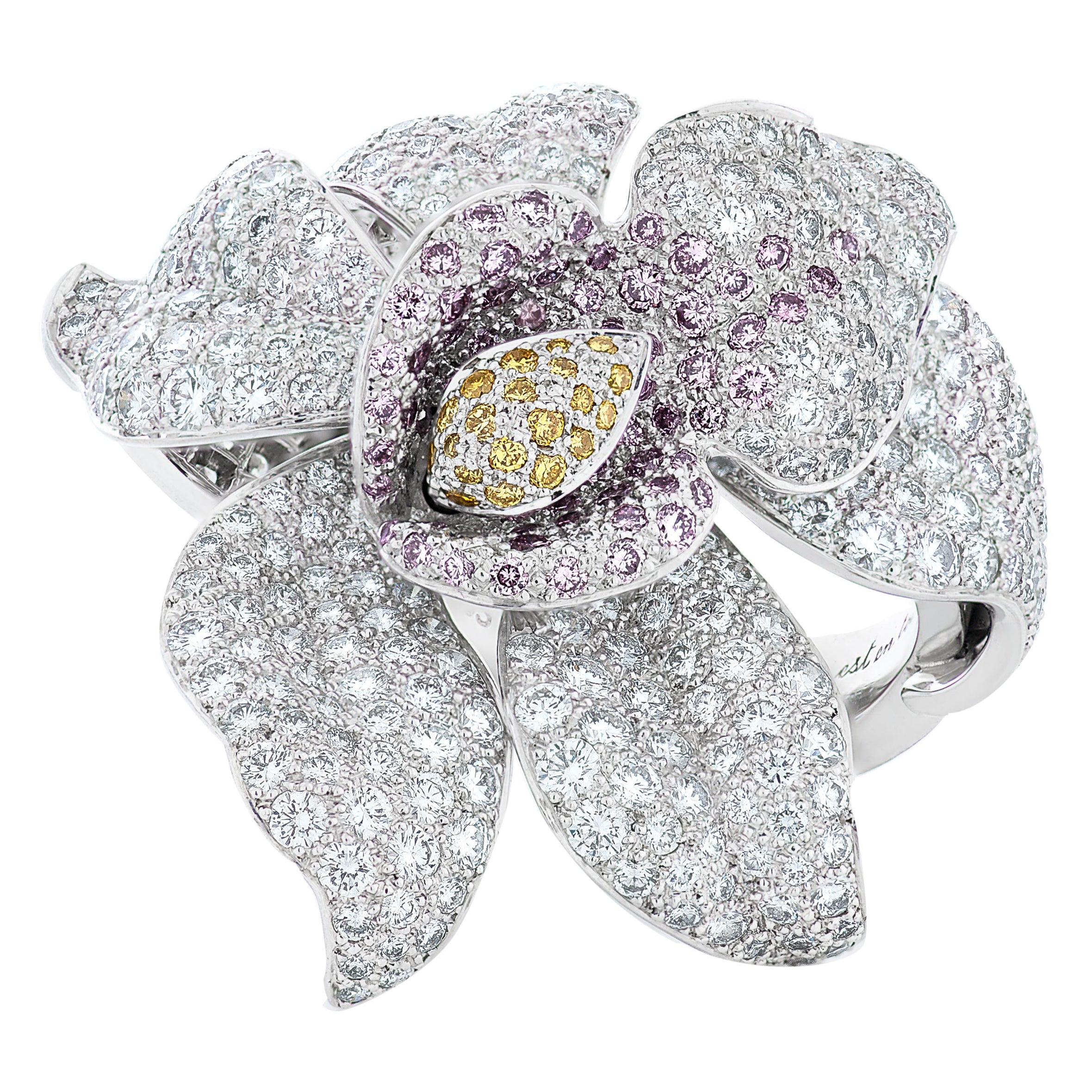 Cartier Caresse D'Orchidees Blumenring aus Platin mit rosa, gelben und weißen Diamanten