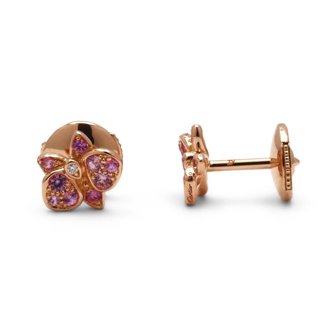 Round Cut Cartier Caresse d'Orchidées Rose Gold Pink Sapphire and Diamond Earring
