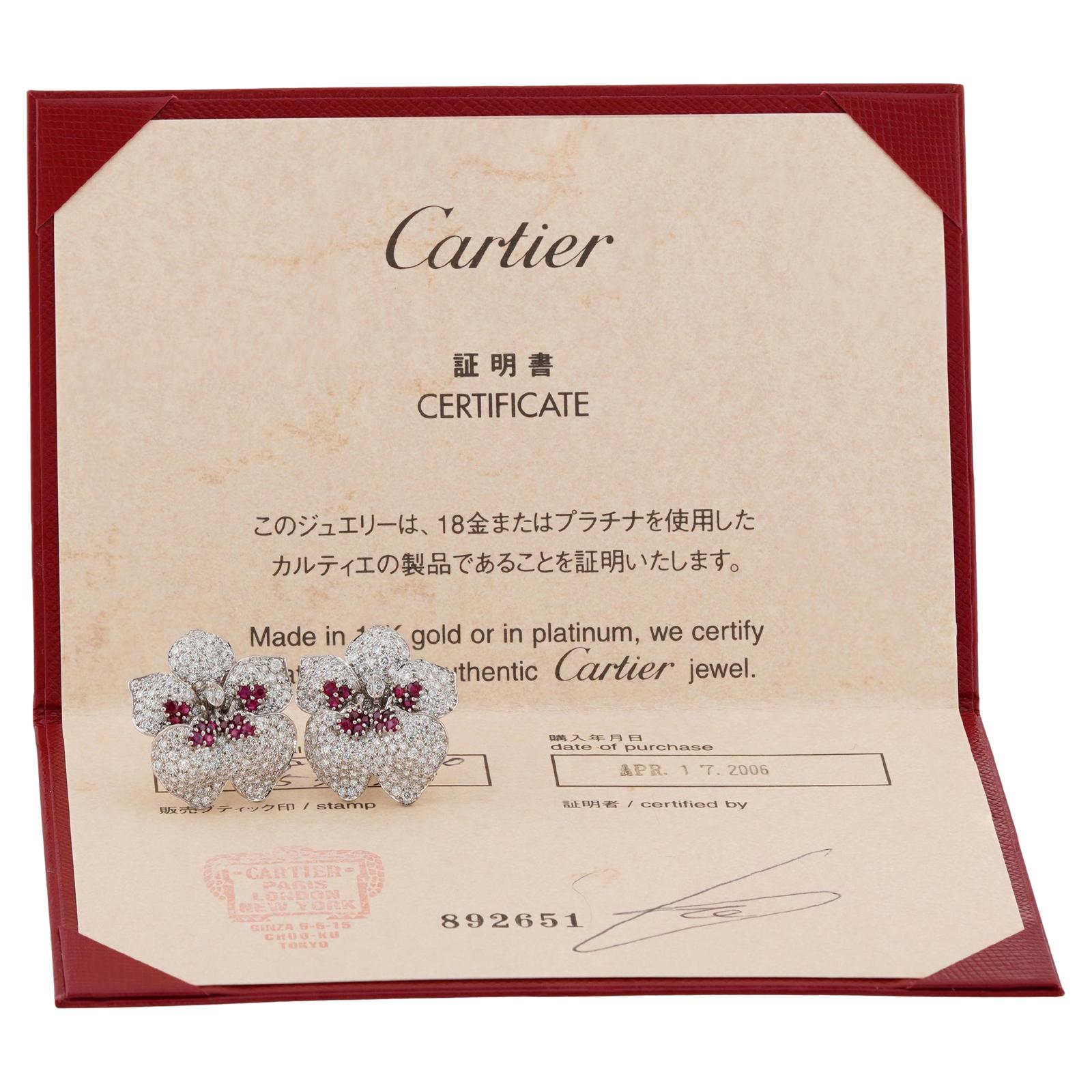 CARTIER Pendientes Caresse D'Orchidees Rubí Diamante Platino en Excelente estado para la venta en New York, NY