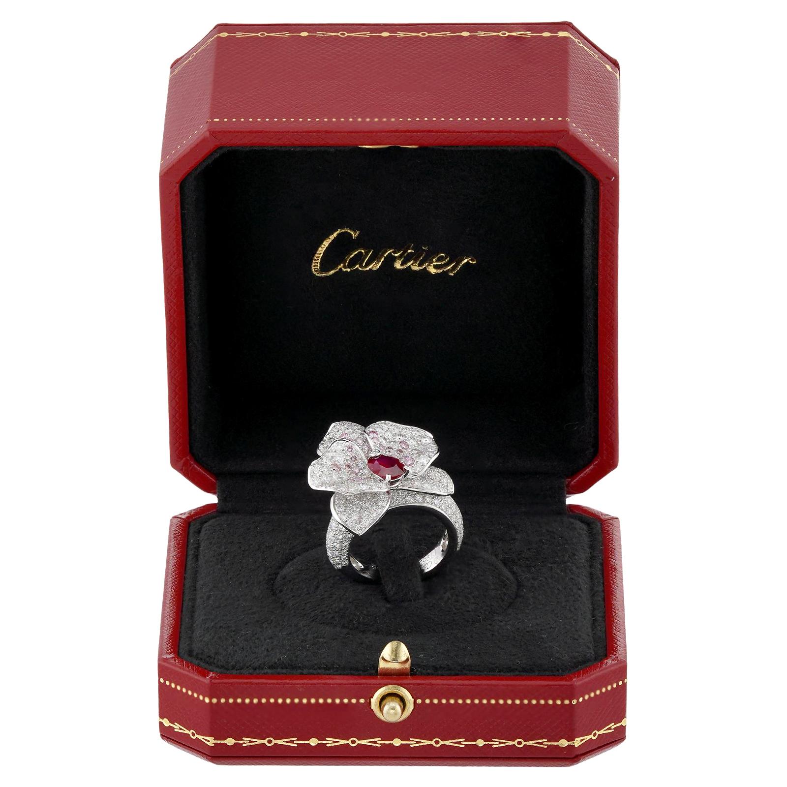 CARTIER Anillo Caresse D'Orchidees Rubí Diamante Rosa Oro Blanco Corte brillante en venta