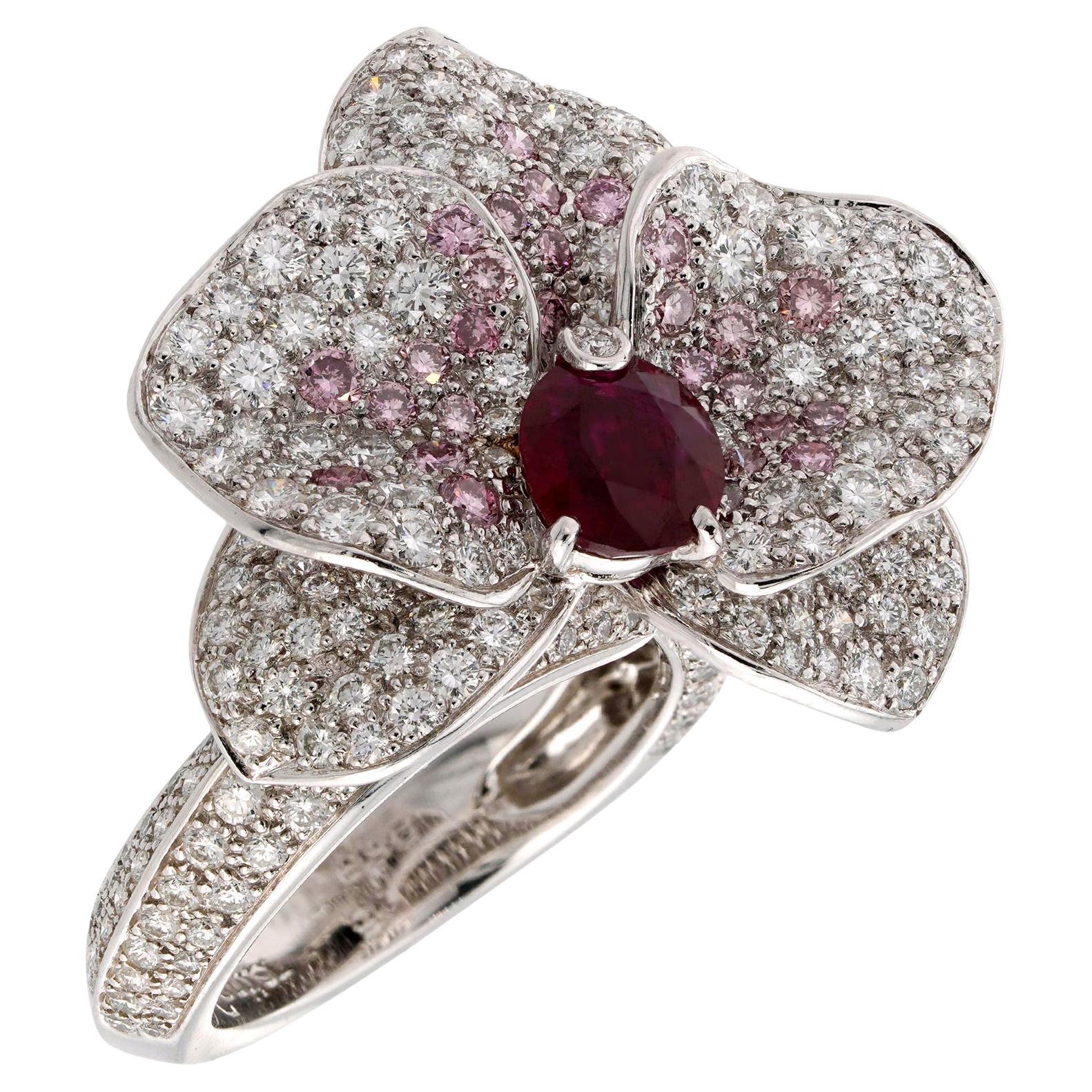 CARTIER Caresse D'Orchidees Ruby Pink Diamond White Gold Ring