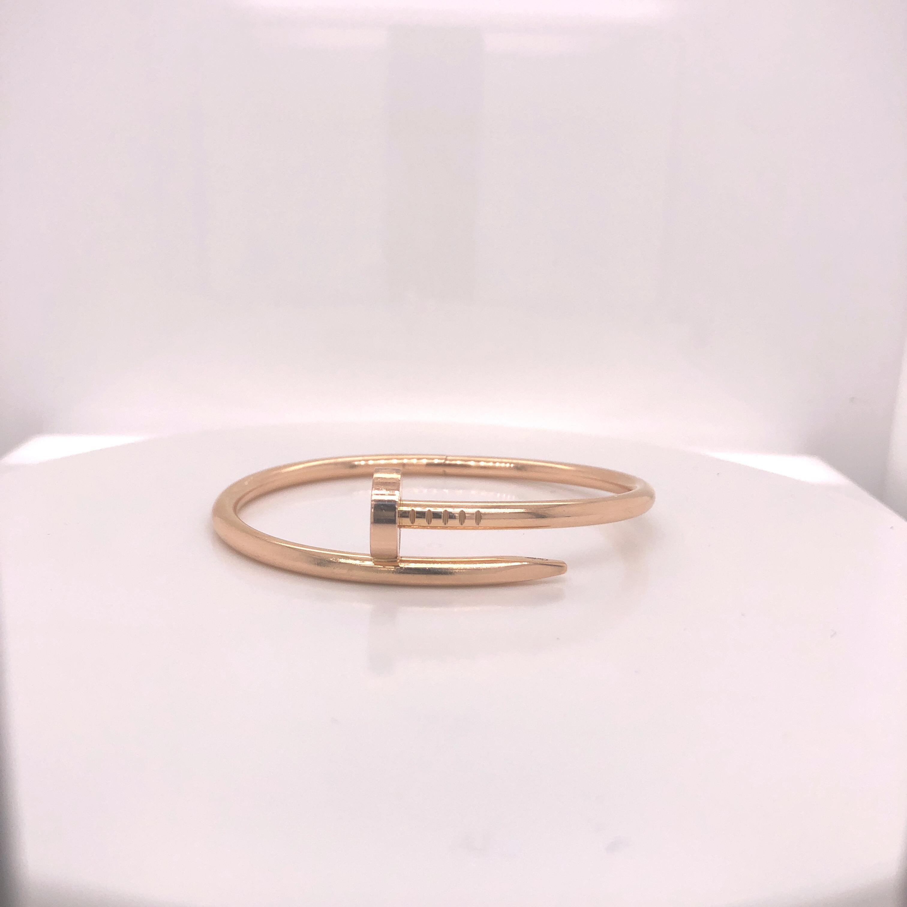 BRAND                                Cartier
CONDITION Never Worn
METAL Rose Gold
SIZE AND FIT Size: 16
FINAL SALE THIS ITEM IS FINAL SALE AND NOT RETURNABLE.
This Cartier Juste Un Clou Bracelet, featuring 18K rose gold, was designed in the 1970s