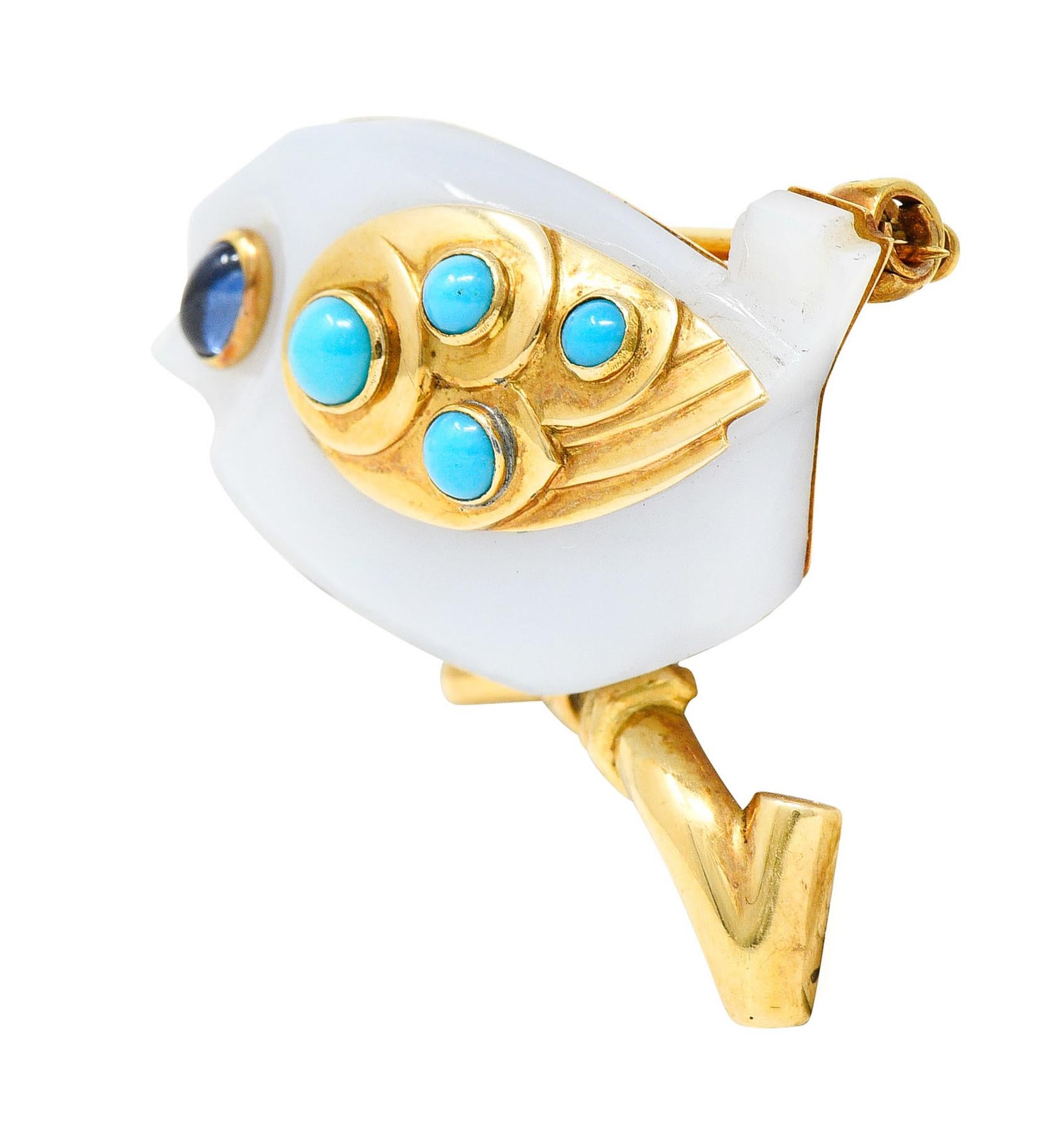 Cabochon Cartier Carved Chalcedony Sapphire Turquoise 18 Karat Gold Bird Brooch