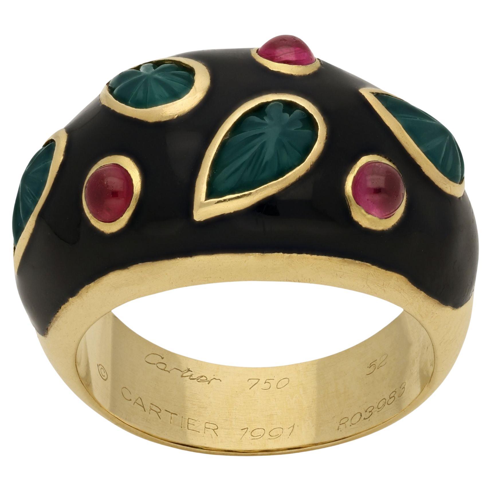 Cartier Carved Chrysoprase Ruby And Black Lacquered 18ct Yellow Gold Ring 1991 For Sale