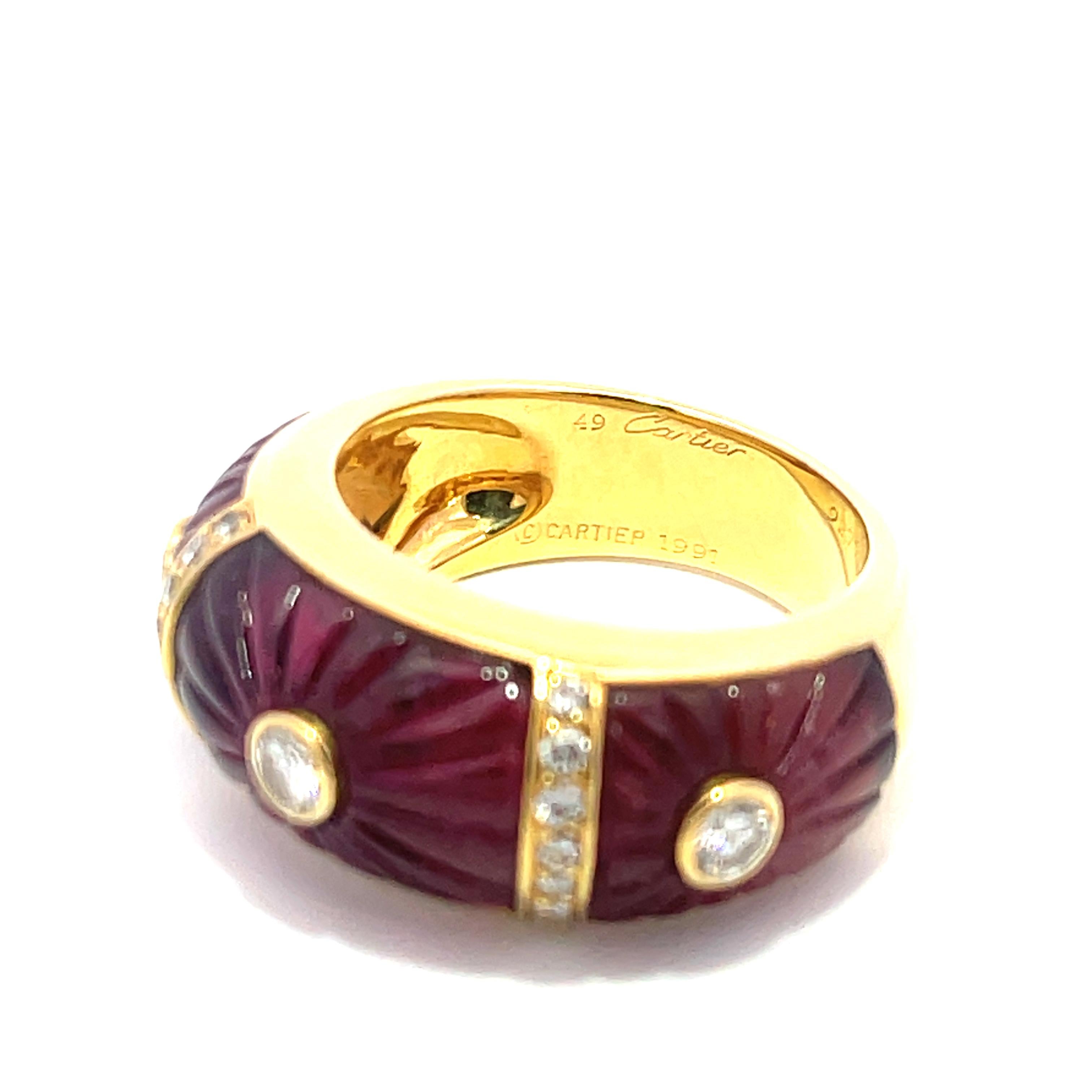 Round Cut Cartier Carved Tourmaline & Diamond Ring 18K Yellow Gold