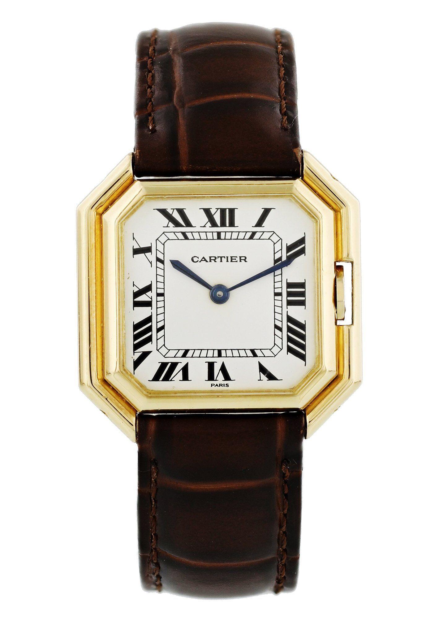 Cartier Ceinture Paris Automatic Ladies Watch. 
30mm 18k Yellow Gold case. 
Yellow Gold bezel. 
White dial with Blue steel hands and roman numeral hour markers. 
Minute markers on the outer dial. 
Alligator grain strap with Buckle. 
Will fit up to a