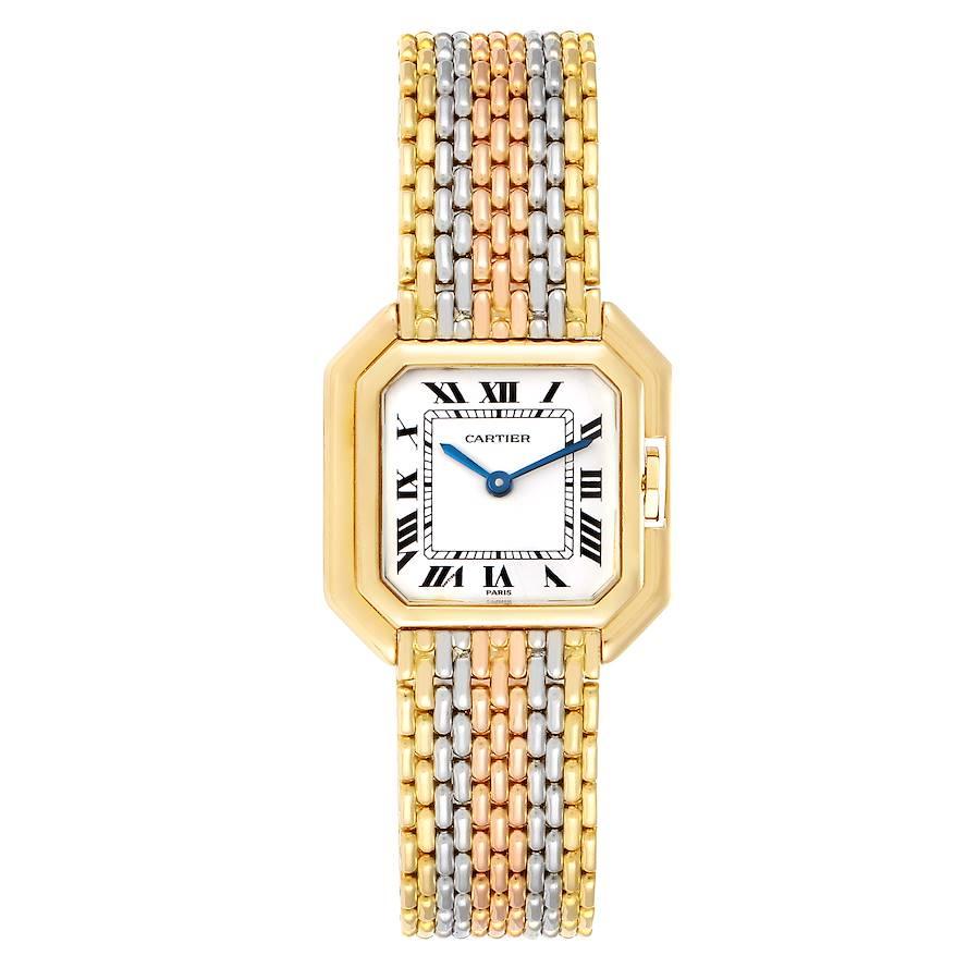 Cartier Ceinture Paris Trinity Weiß Gelb Rose Gold Damenuhr. Uhrwerk mit Handaufzug. Achteckiges Gehäuse aus 18 Karat Weiß- und Gelbgold, 22,5 x 22,5 mm. Dosen-Krone. Lünette aus Gelbgold. Kratzfestes Saphirglas. Weißes Zifferblatt mit aufgemalten