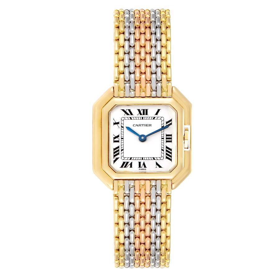 Cartier Ceinture Paris Trinity White Yellow Rose Gold Ladies Watch. Manual winding movement. 18k white and yellow gold octagonal case 22.5 x 22.5 mm. Canned crown. Yellow gold bezel. Scratch resistant sapphire crystal. White dial with painted black