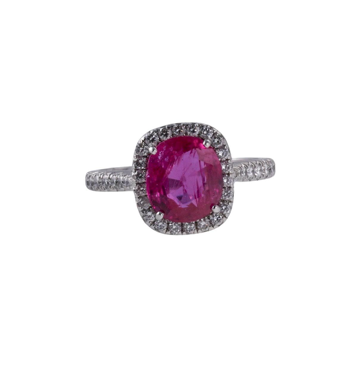 Exquisite platinum Cartier engagement ring, with center C. Dunaigre of Switzerland certified 2.30ct no heat Burma sapphire - stone measuring approx. 8.80 x 7.90 x 3.45mm. Ring size 6.5, top is 11.5 x 11mm. Setting is accented with approx. 0.40ctw