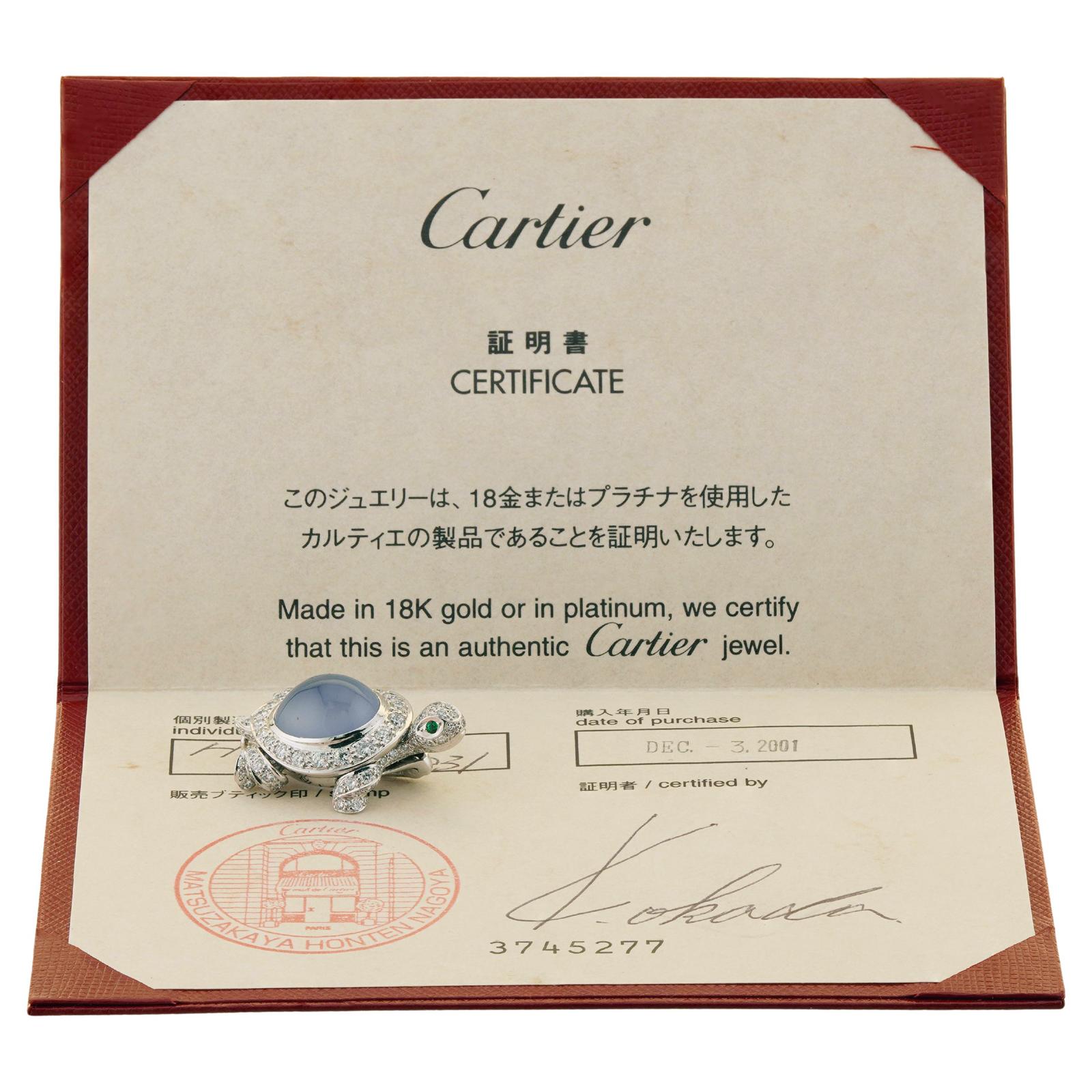 Brilliant Cut CARTIER Chalcedony Emerald Diamond White Gold Turtle Pin Brooch For Sale