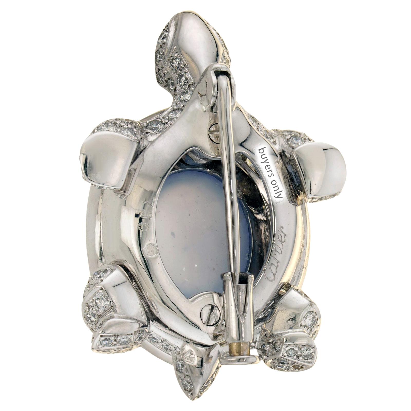 CARTIER Chalcedony Emerald Diamond White Gold Turtle Pin Brooch For Sale 1