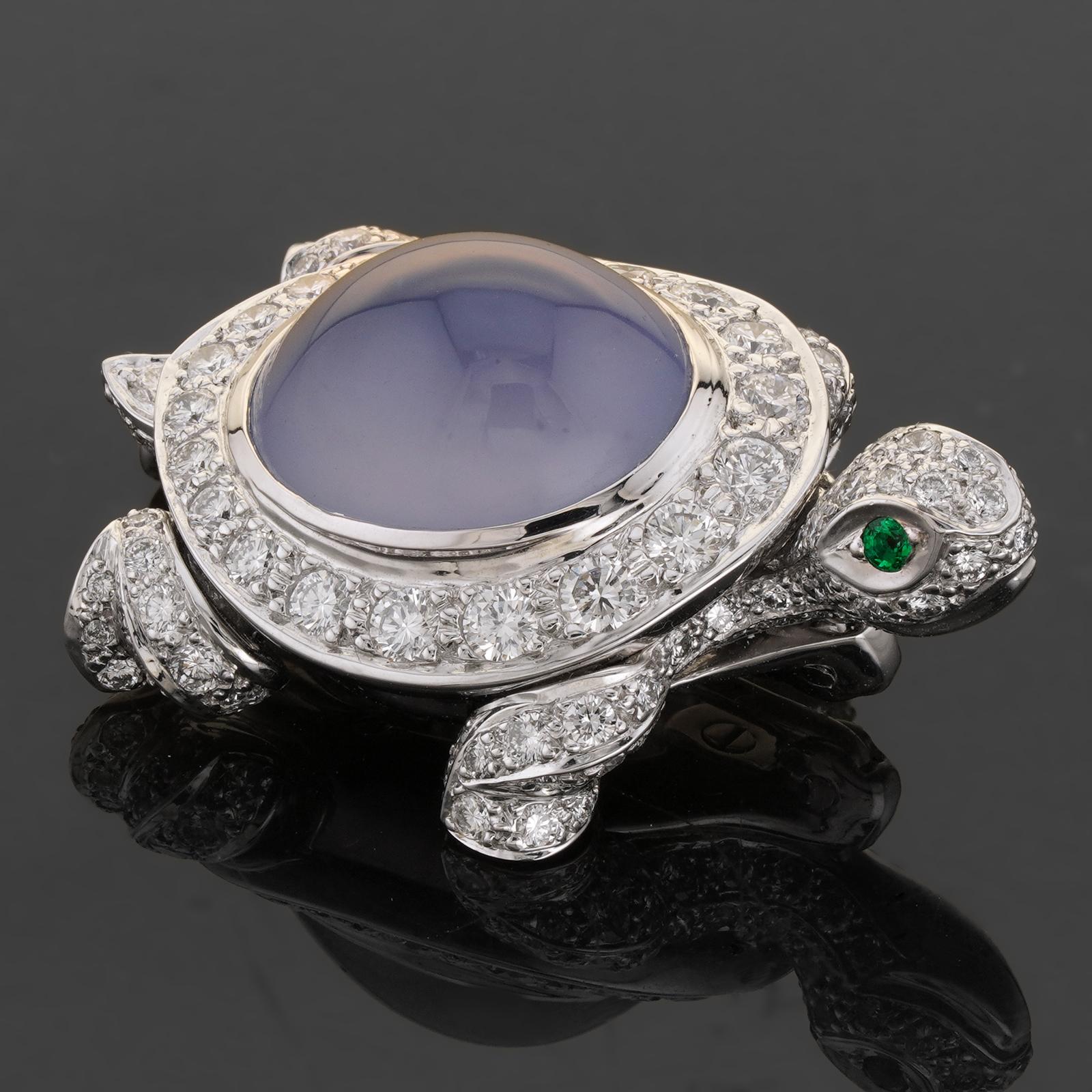 CARTIER Chalcedony Emerald Diamond White Gold Turtle Pin Brooch For Sale 2