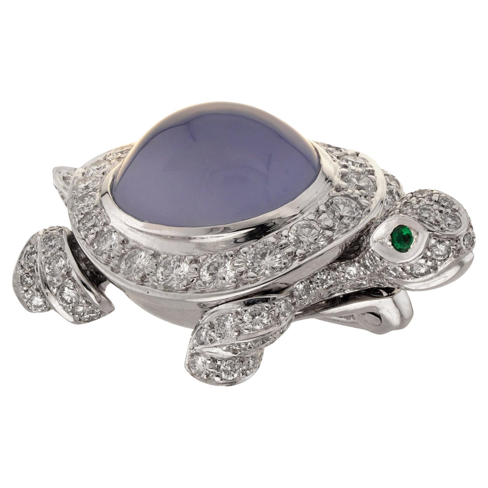 CARTIER Chalcedony Emerald Diamond White Gold Turtle Pin Brooch