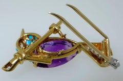 Cartier 1960s Amethyst Diamond Turquoise Gold Sparrow Pin
