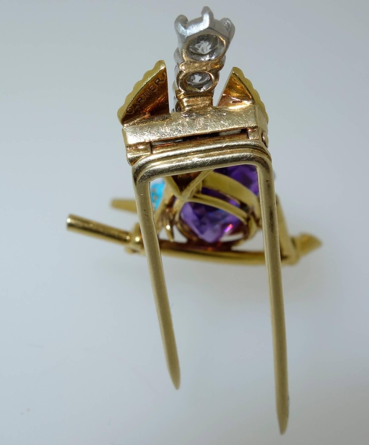 Contemporary Cartier 1960s Amethyst Diamond Turquoise Gold Sparrow Pin