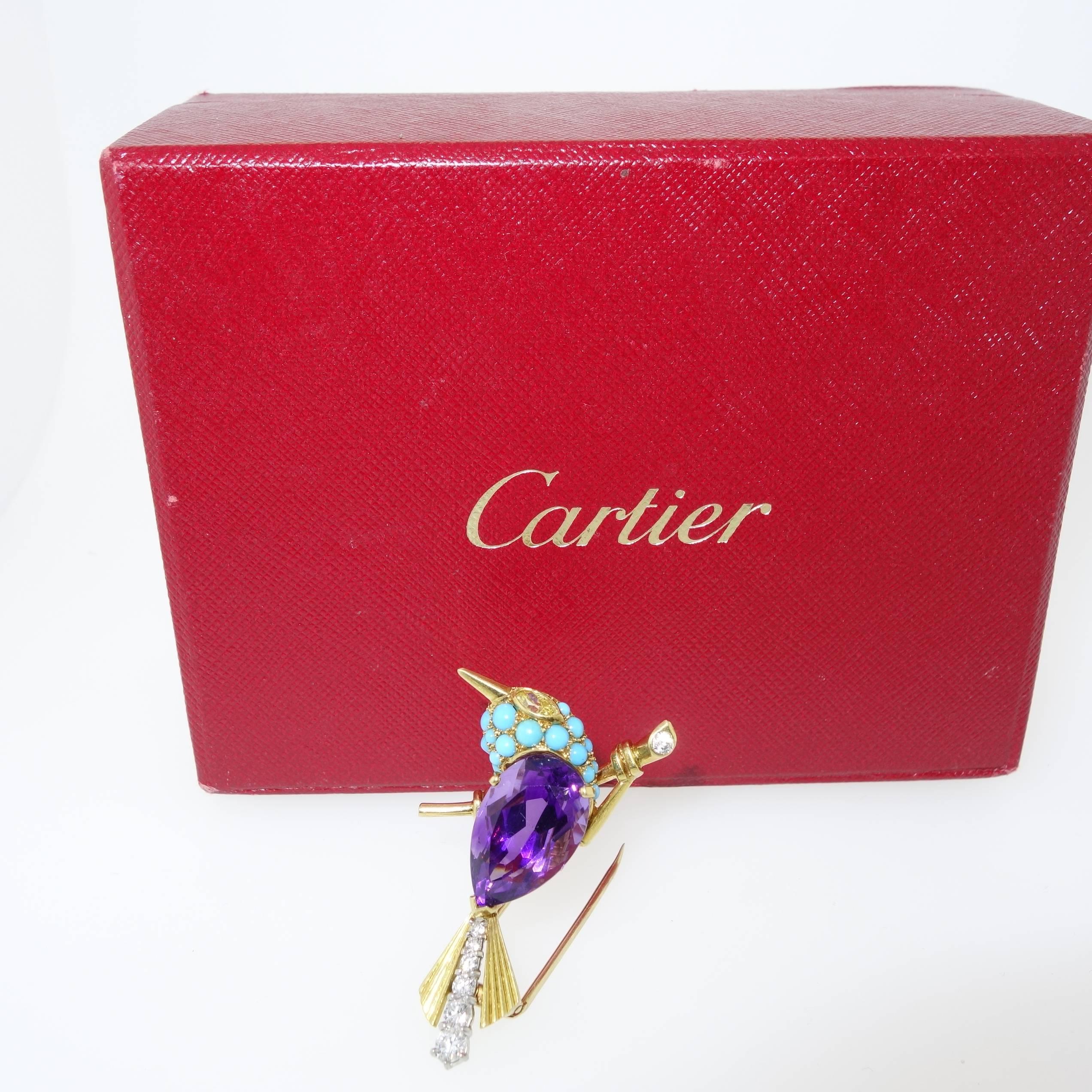 Cartier 1960s Amethyst Diamond Turquoise Gold Sparrow Pin In Excellent Condition In Aspen, CO