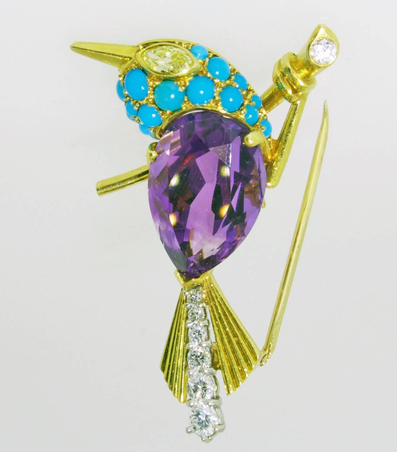 Women's or Men's Cartier 1960s Amethyst Diamond Turquoise Gold Sparrow Pin