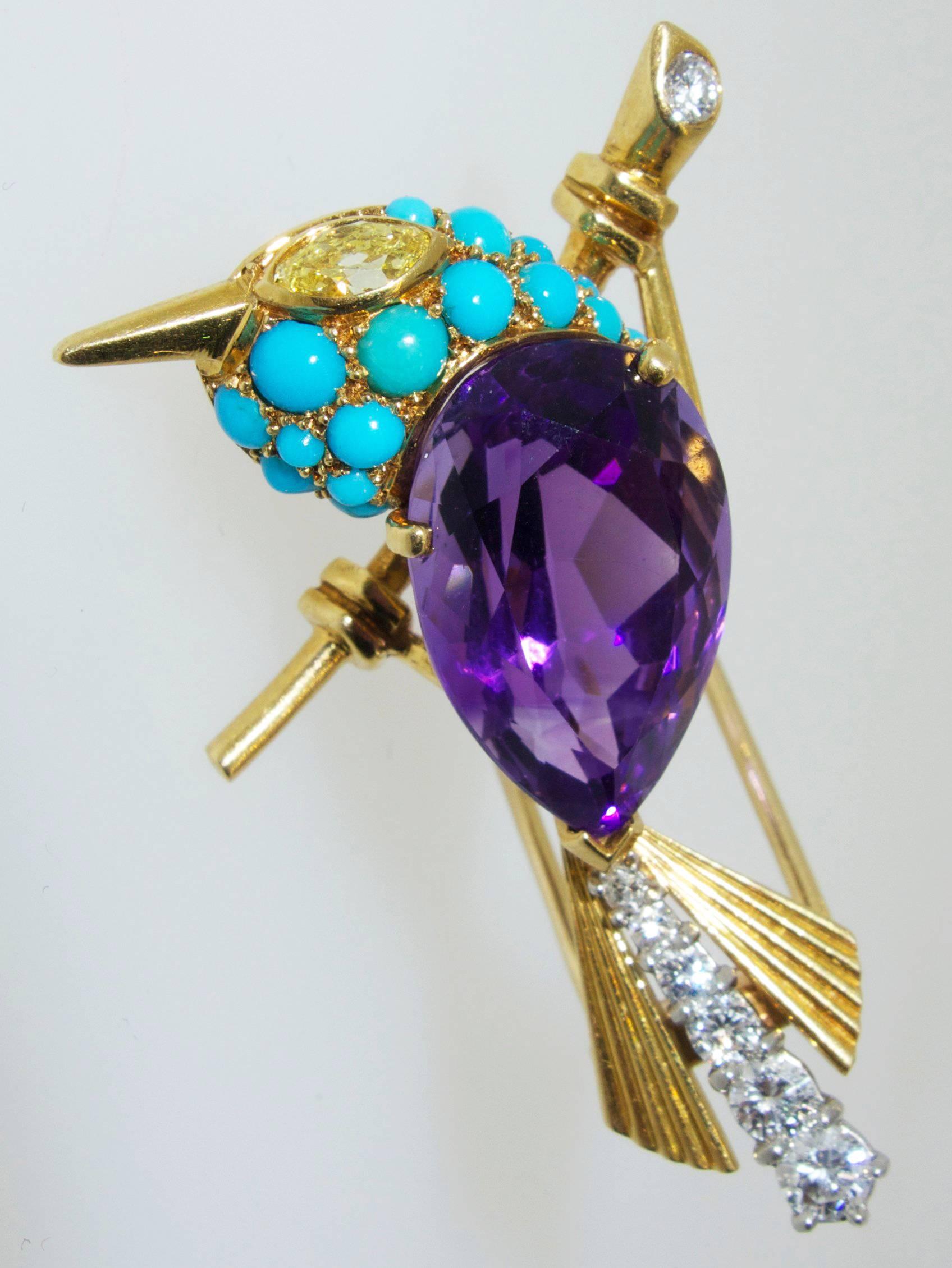 Cartier 1960s Amethyst Diamond Turquoise Gold Sparrow Pin 1