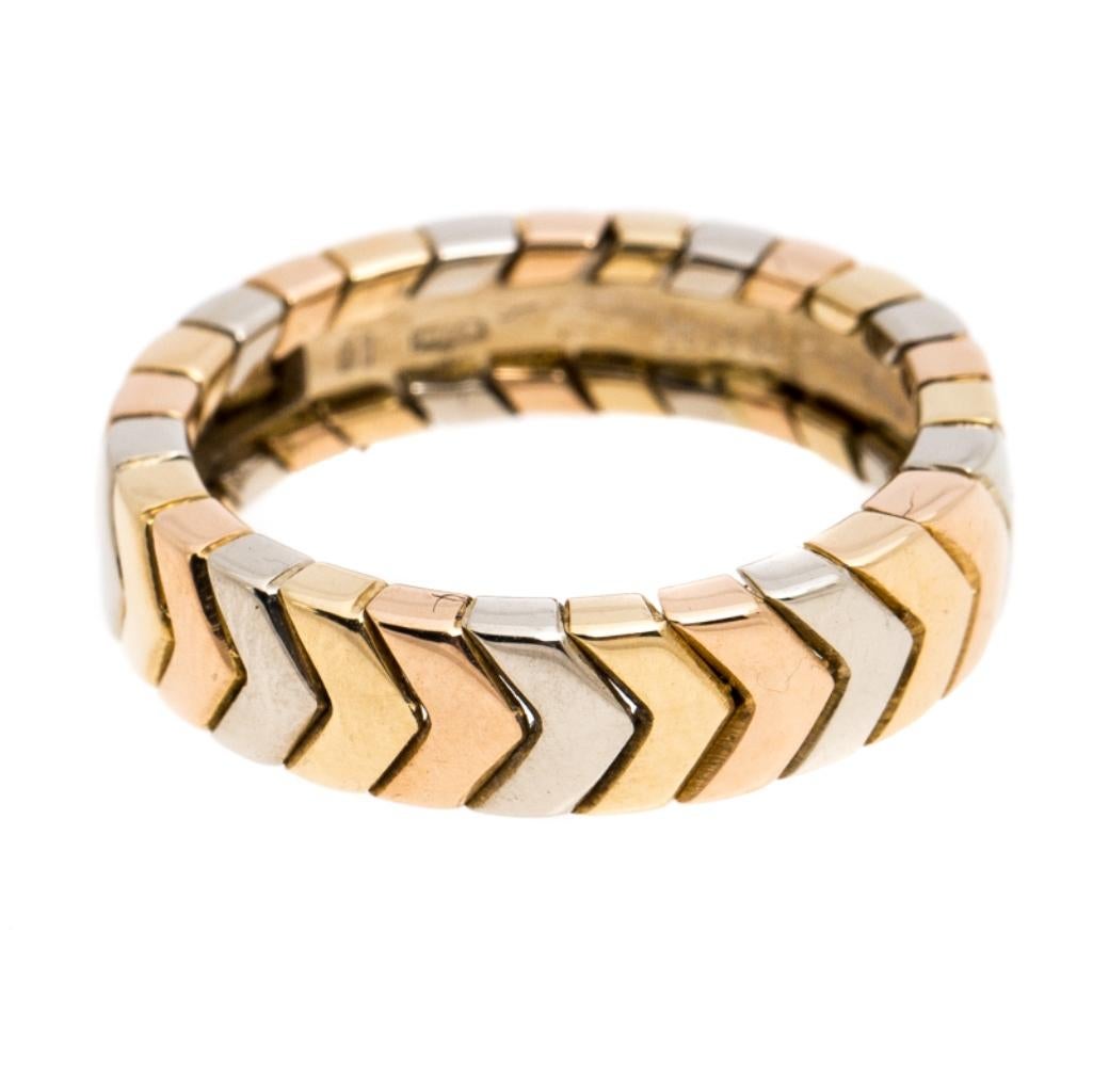 For the woman who has a refined taste in fine jewellery, Cartier brings her this immaculately crafted ring that has been made to be praised. The ring has a rather modern assembly of 18K yellow gold, 18K rose gold and 18K white gold laid in a chevron